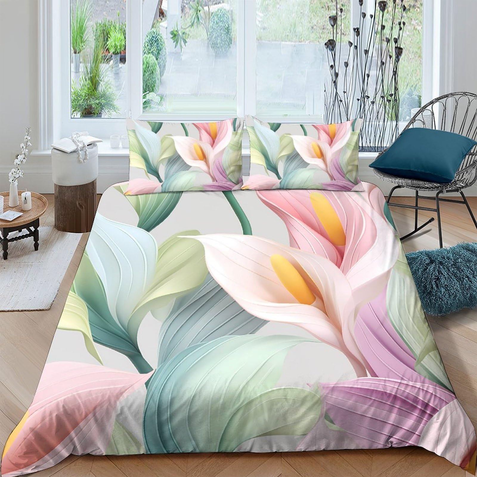 Ctjqhvkz Style-10 3D Printed Elegant Calla Lily Fitted Sheet Microfiber Soft Pastel Floral Bed Cover For Bedroom Dorm Easy Care Washable Single（135X200cm）
