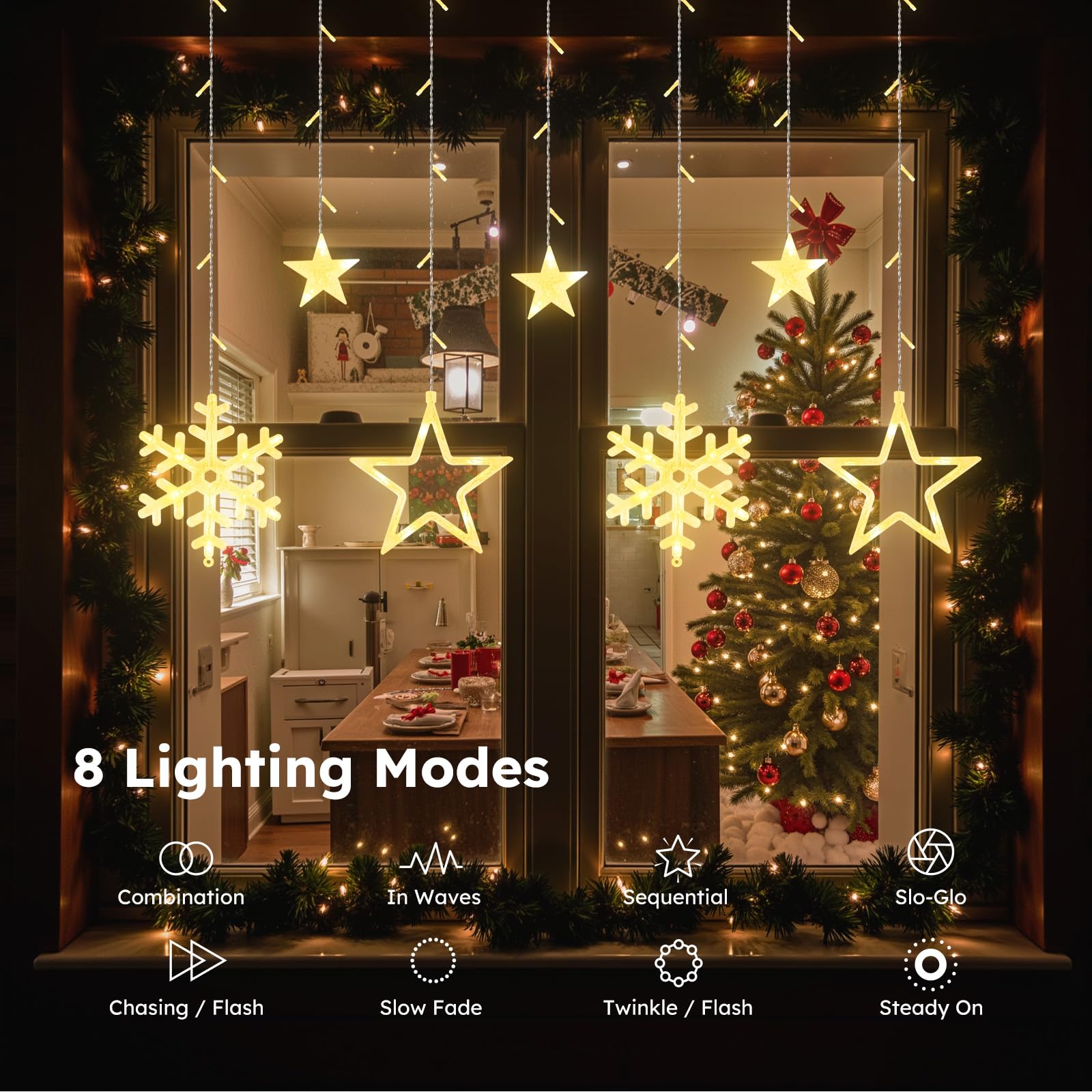 LEDYA Christmas Stars Curtain Lights, 9 Stars & 3 Snowflakes 138 LED Fairy Window Lights with 8 Modes & Timer - Image 2