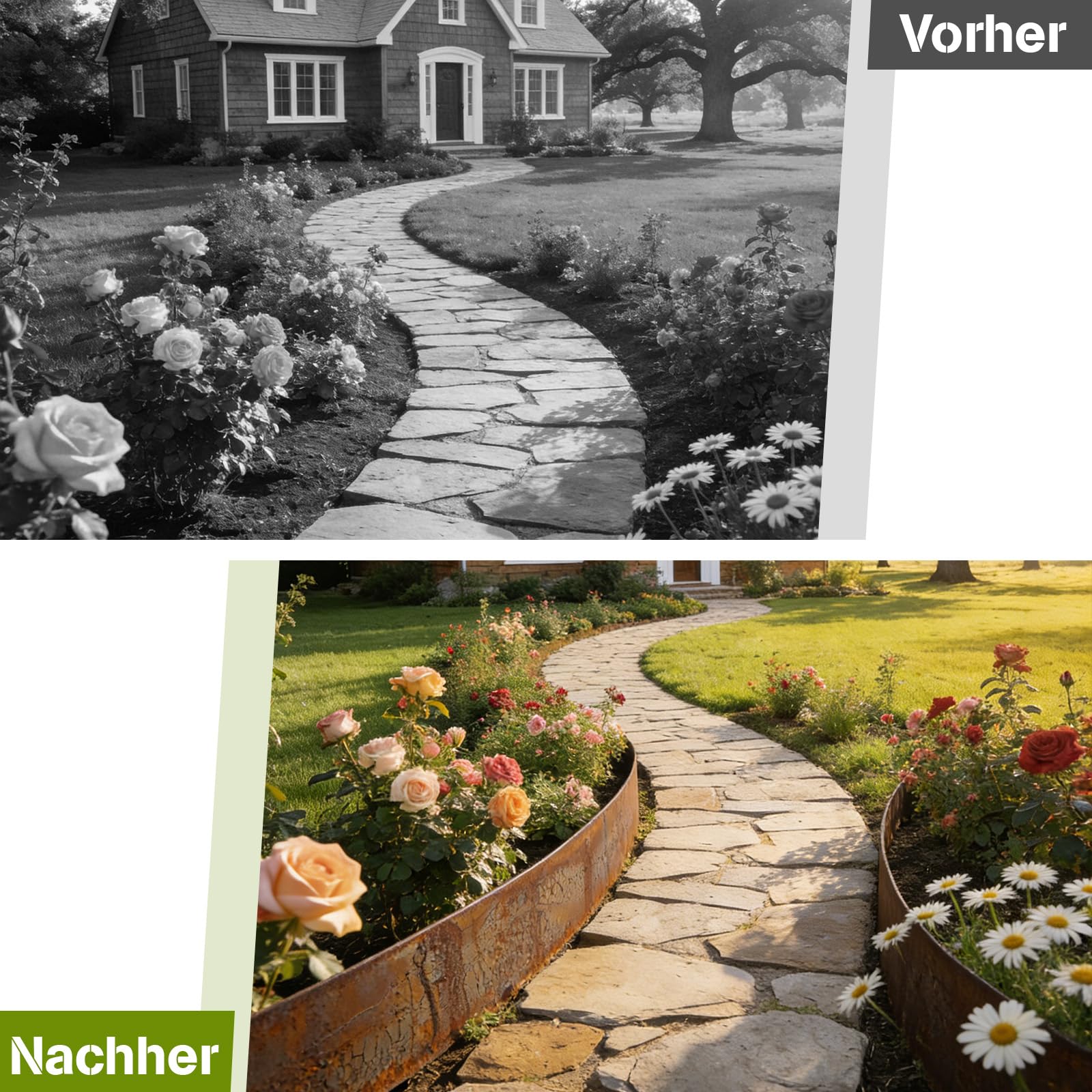 ohbien 10 m de borde de césped de acero corten flexible de acero corten para césped, borde de metal de 15 cm de alto, resistente a la intemperie, fácil montaje para jardín, bancal, césped y caminos