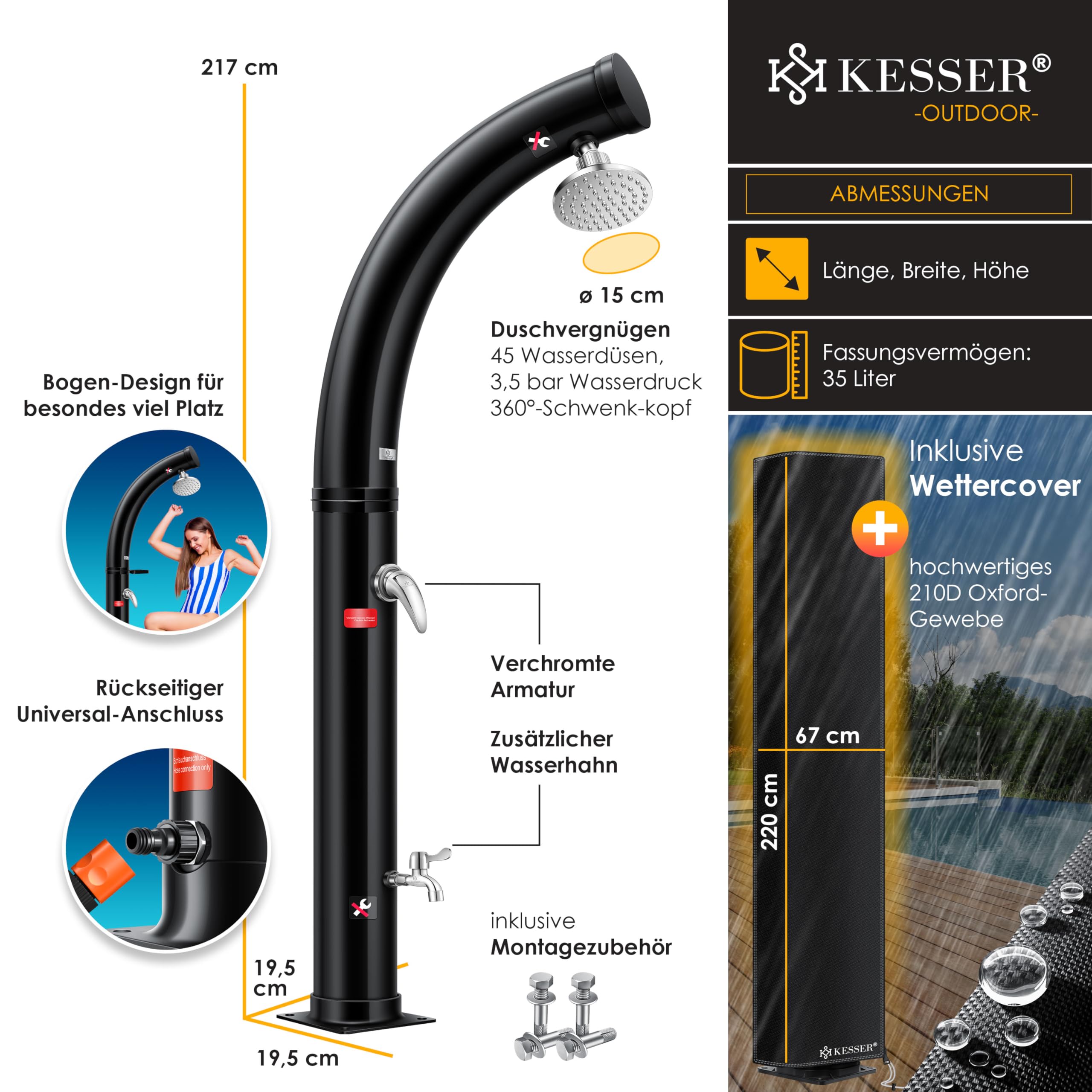 KESSER® Douche Solaire Courbe de Jardin | Housse de Protection | Eau Chaude 35L | Max 60°C | Sans Raccordement Électrique | Pour Piscine et Camping