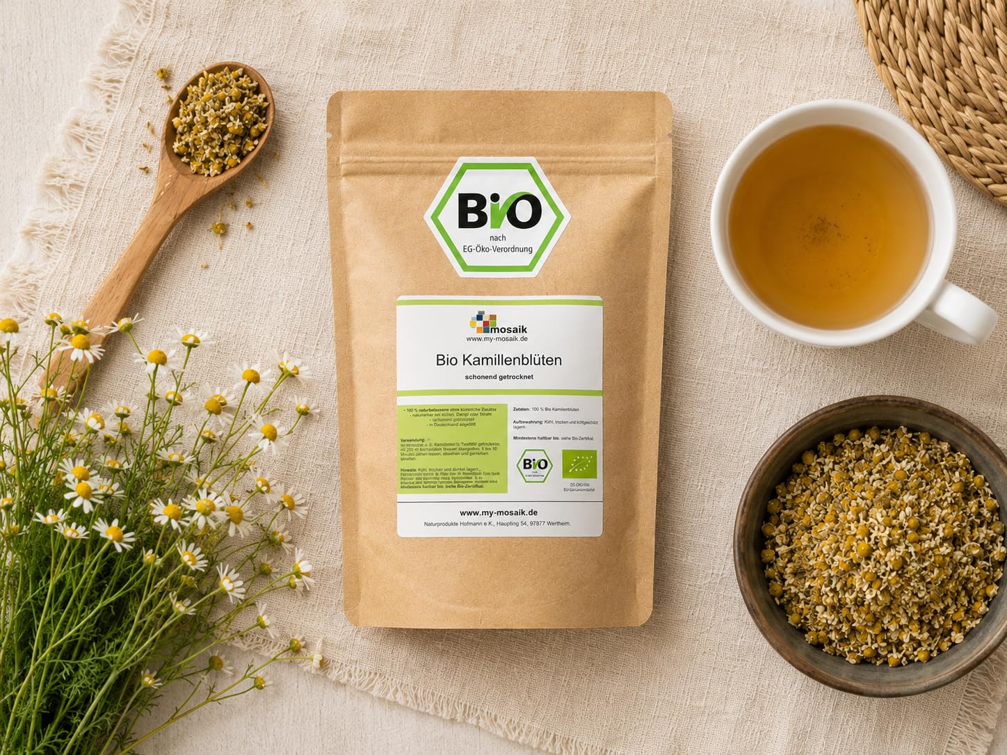 Kamillentee Bio - ganze Kamillenblüten getrocknet - abgefüllt und kontrolliert in Deutschland (1000g)