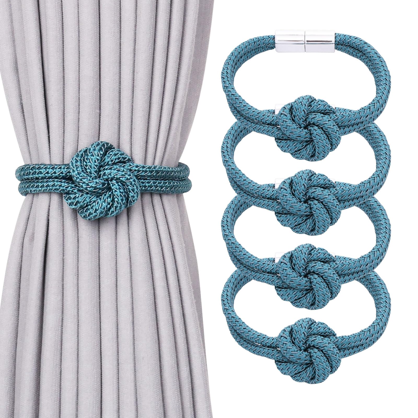 Pretty Jolly 4 Pack Cute Flower Knot Magnetic Curtain Tiebacks Nordic Style Drape Tie Backs Elegant Hand Weave Rope Decorative Curtain Holdbacks for Home & Office Window Drapery (Teal)