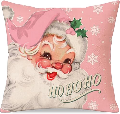 Funda de almohada de Navidad de 18 x 18 pulgadas, funda de cojín decorativa vintage de Papá Noel copo de nieve rosa rubor rosa pastel al aire libre,