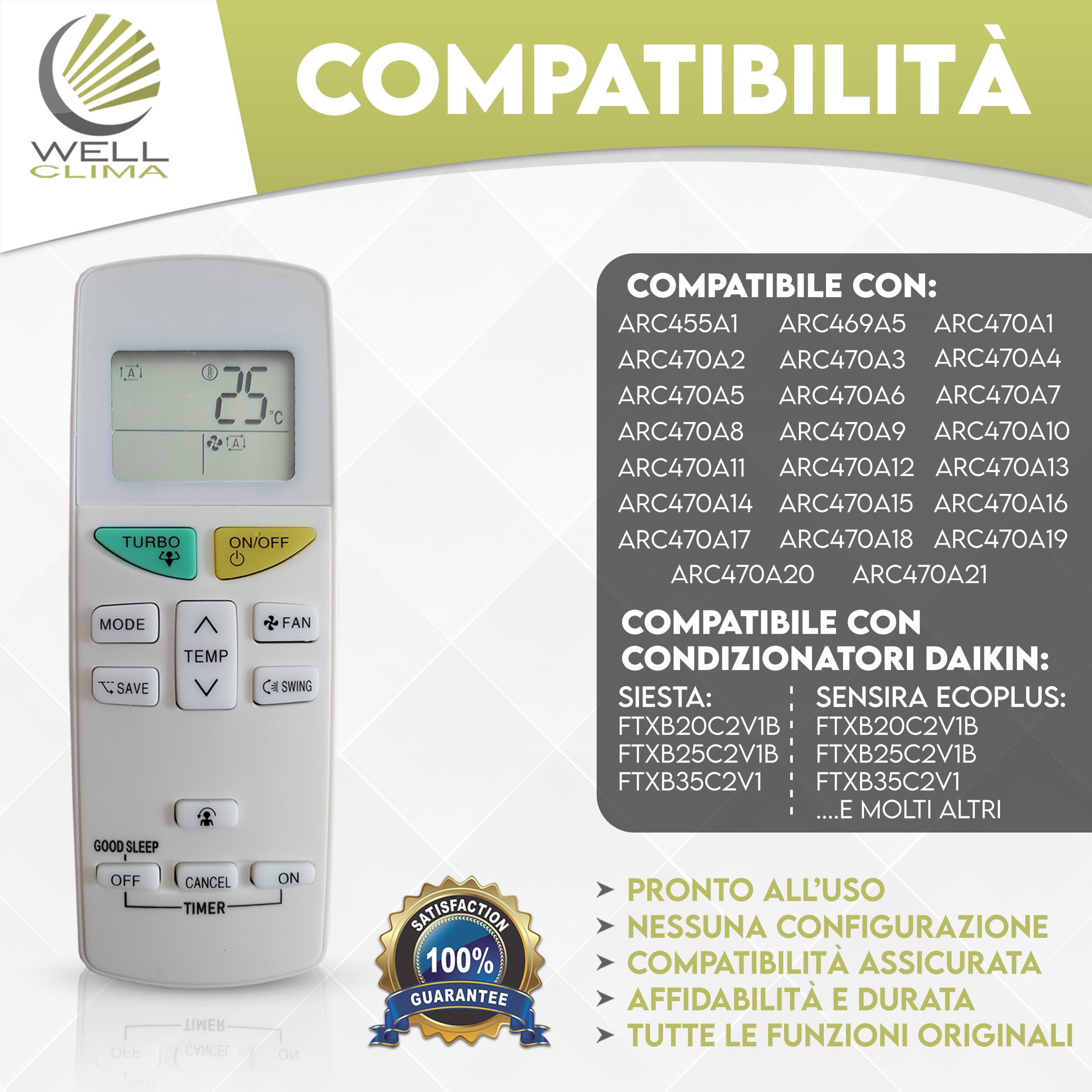 Wellclima telecomando ARC470A1 per condizionatore compatibile con Daikin e Siesta serie ARC470** (A1, A2, A3, A4?.. A21) con ARC455A1, ARC469A5 | per climatizzatore, pompa di calore, inverter