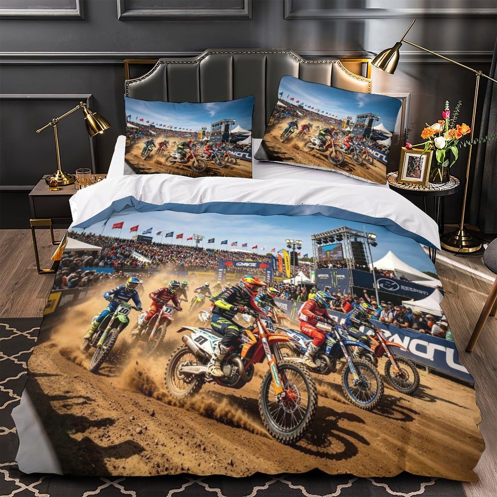 XiaopangXY Single（140x200cm） Dirt Bike Quilt Cover Set with Hidden Zipper, Motorcycle Race Duvet Cover Set with Pillowcases Soft Microfiber Luxury Motorcycle Race Bedding Set