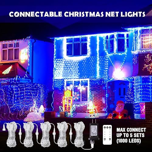 Miniatura 5 de JMEXSUSS 200 luces LED azules de red de Navidad, 9.8 pies x 6.6 pies, luces de arbusto de Navidad conectables con control remoto, 8 modos de