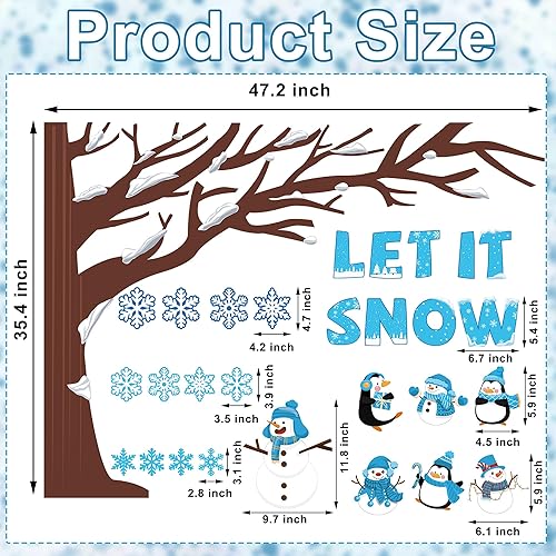 Miniatura 2 de 94 piezas de decoración de tablero de anuncios de árbol de aula, copo de nieve de invierno, Let it Snow, decoración de aula, copo de nieve, muñeco