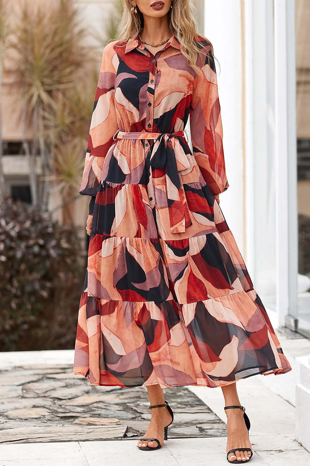 PRETTYGARDEN Womens Spring Dress 2026 Casual Long Sleeve Button Down Belted Boho Floral Flowy Maxi Wedding Guest Dresses - Image 2