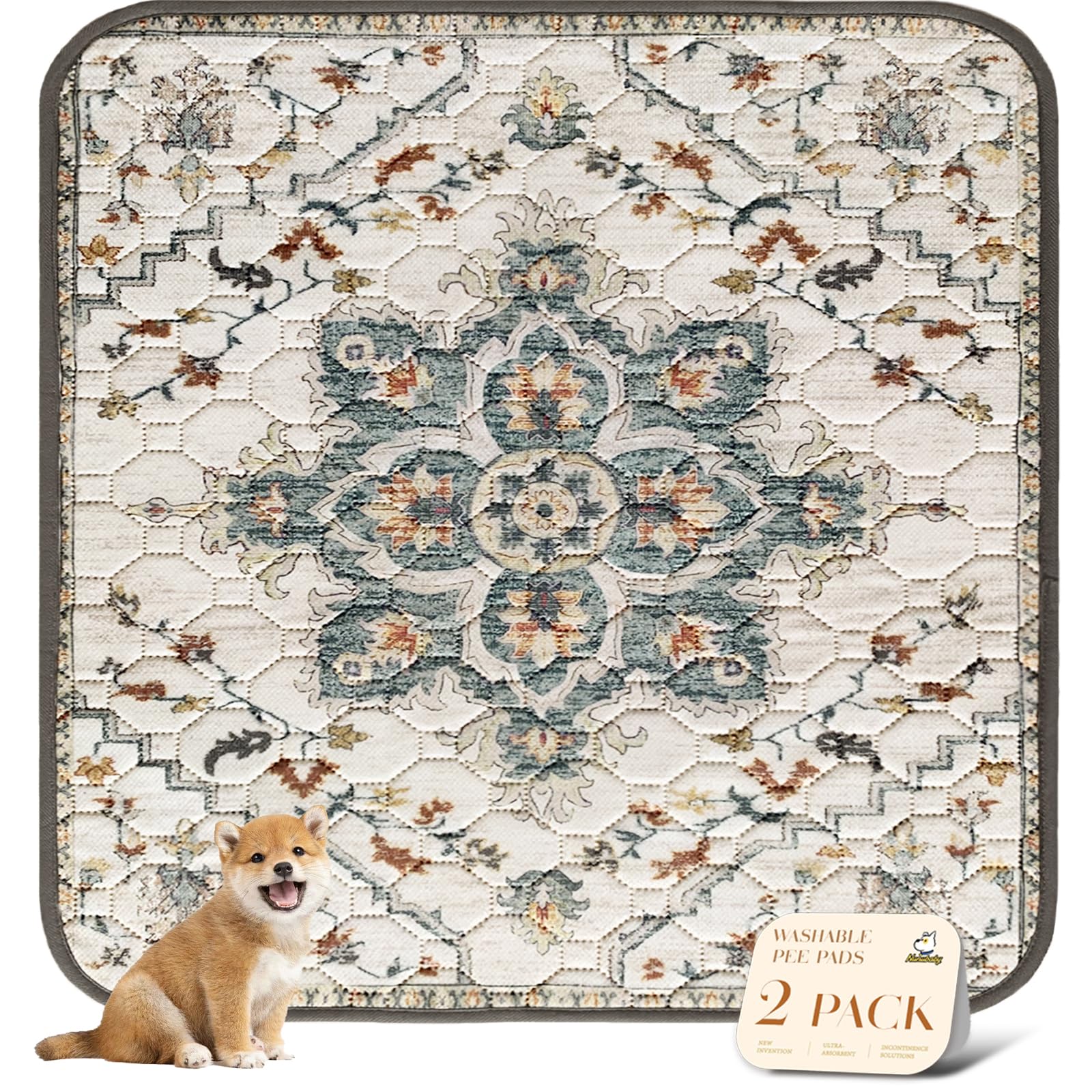 nunubaby 2PACK Washable Pee Pads for Dogs, Stylish, Non-Slip and Leak-Proof Pee Pads. Reusable Potty Pads for Dogs for Crates and Floors.(Beige/Floral, 72" x72" )