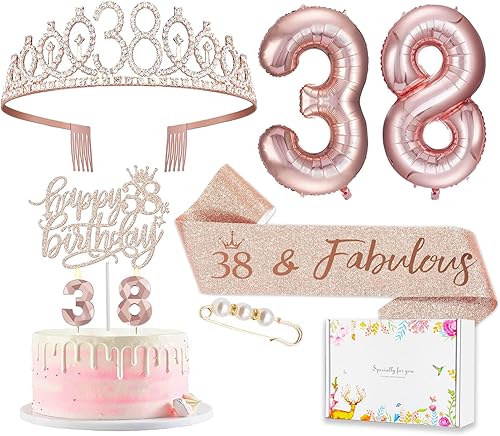 Decoraciones de cumpleaños de 38 años para ella, incluye adorno para pastel de cumpleaños de 38 años, banda de reina de cumpleaños con alfiler de