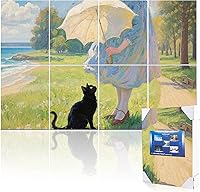 Vista 1 de Mollywell Paneles acústicos artísticos de 48 x 32 x 0.4 pulgadas, paraguas, gato y mar, absorción de sonido, decoración de pared autoadhesiva a