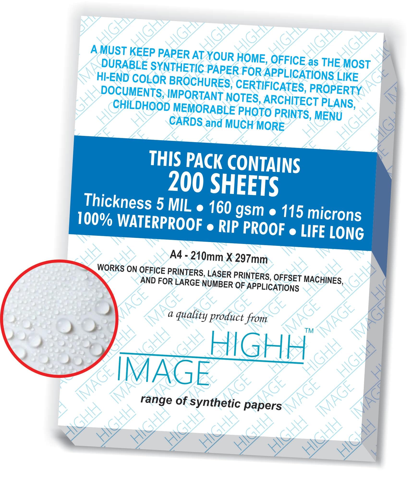 Papel impermeable | 200 hojas, A4, 160 GSM, 5 MIL, papel sintético, de HIGHH Image para impresoras láser. No apto para impresoras de inyección de tinta.