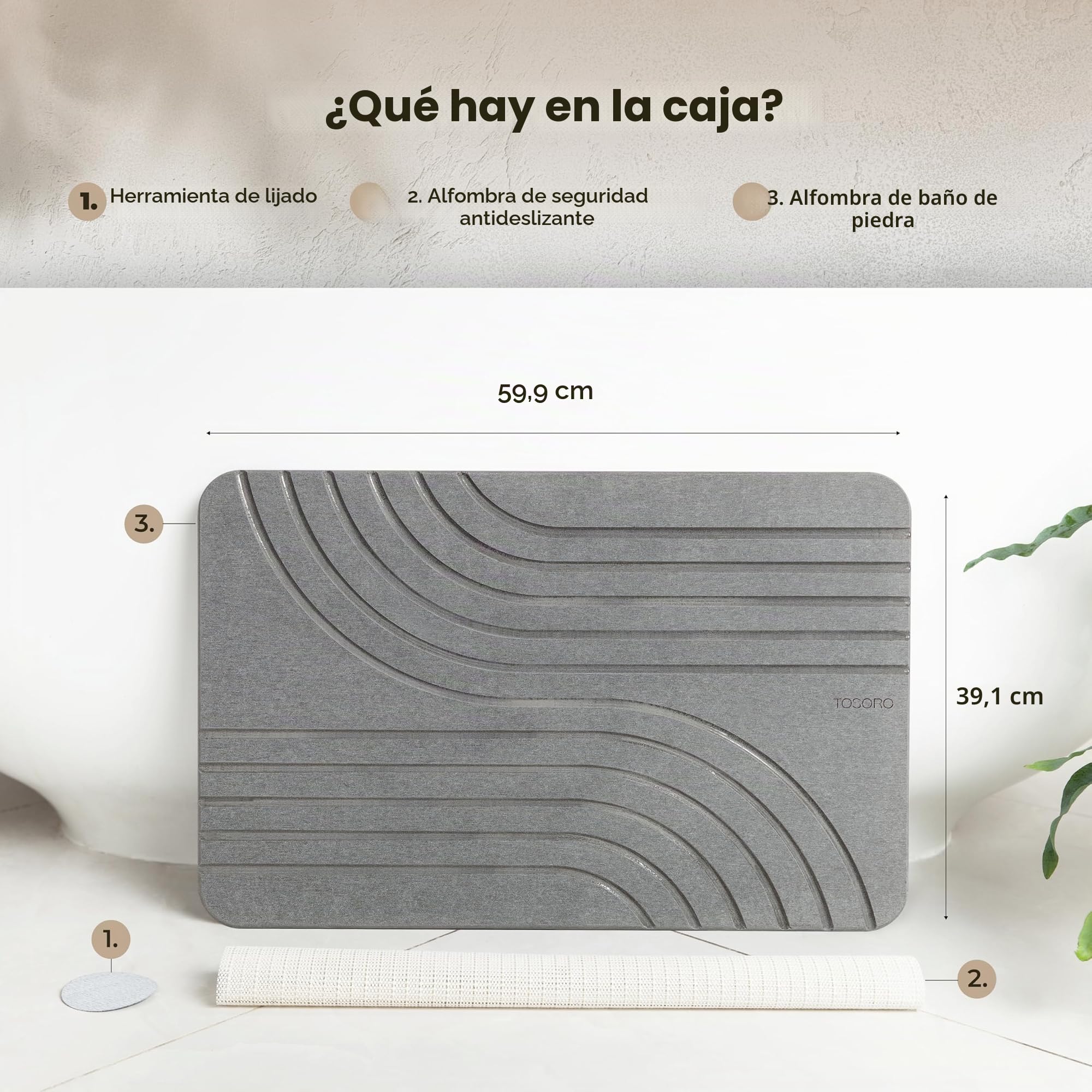 TOSORO Alfombrilla de baño de Piedra, Alfombra Antideslizante de Tierra de diatomeas para Ducha, Secado rápido y Absorbente, diseño Elegante y Moderno, fácil de Limpiar, 60 x 38 cm, Color Grafito