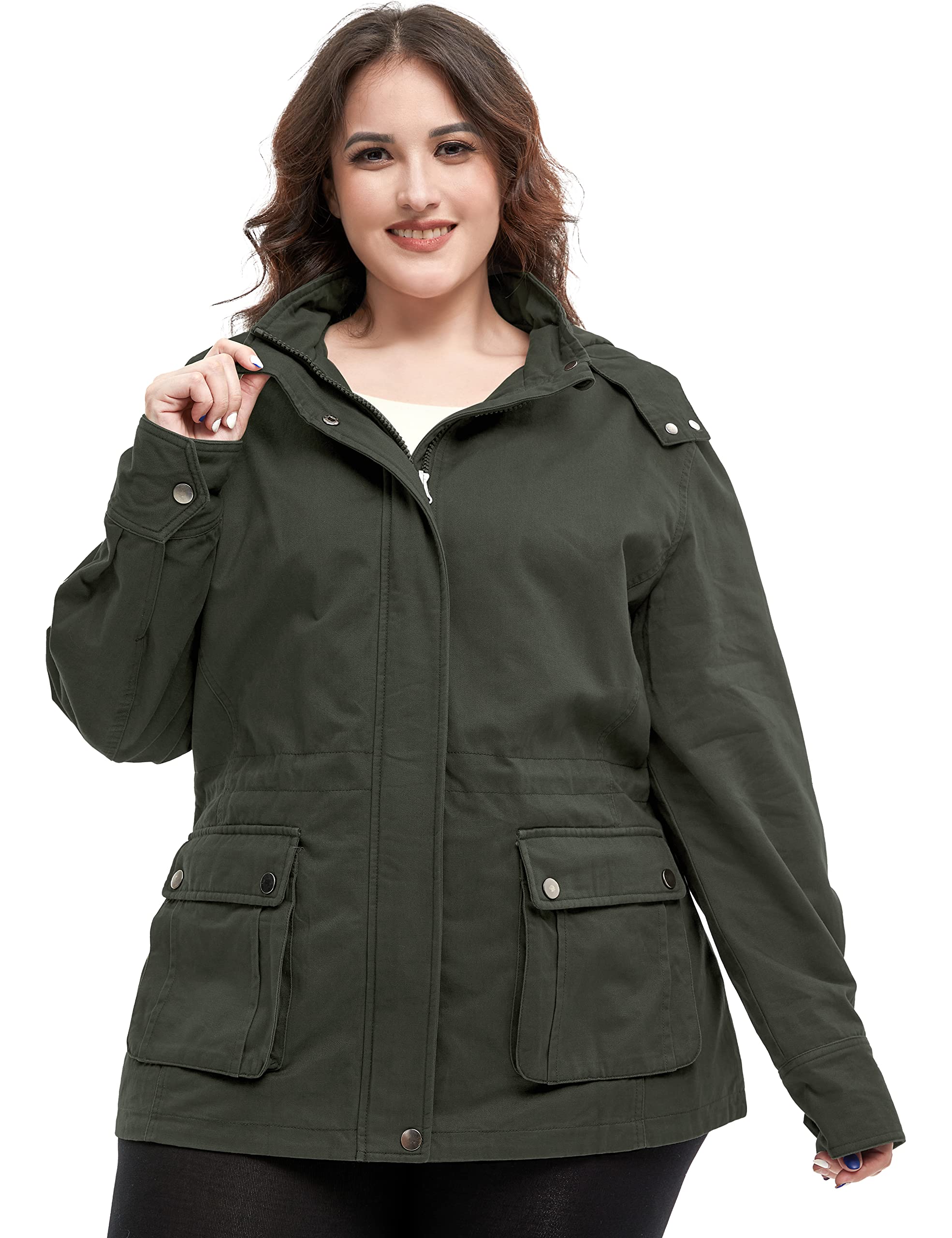 Soularge Women's Plus Size Military Cotton Jacket with Detachable Hood