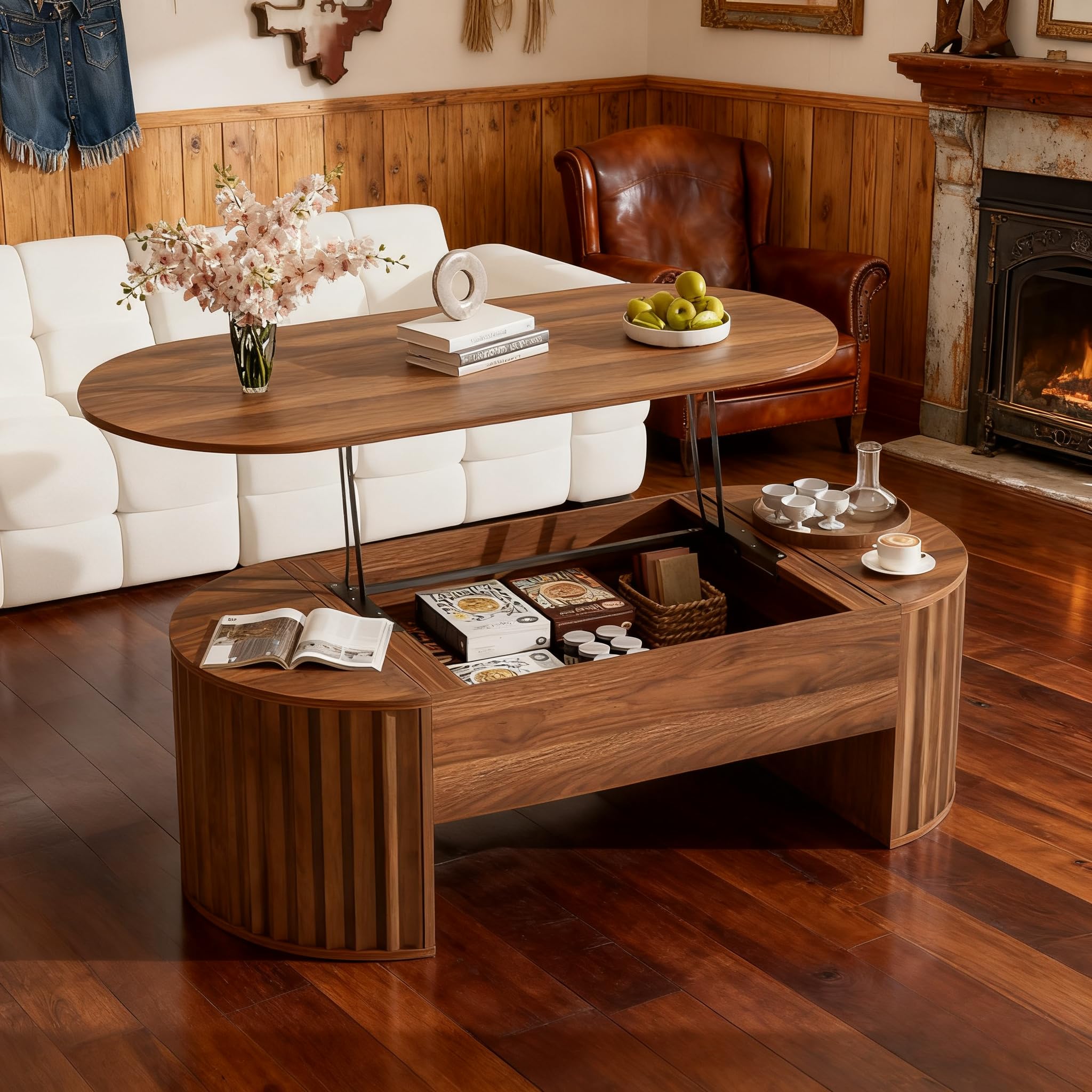 47.2''Lift Top Coffee Table with Hidden Compartment, Partially Assembled Wooden Center Table, Modern Oval Lift Tabletop for Home Living Room, Brown