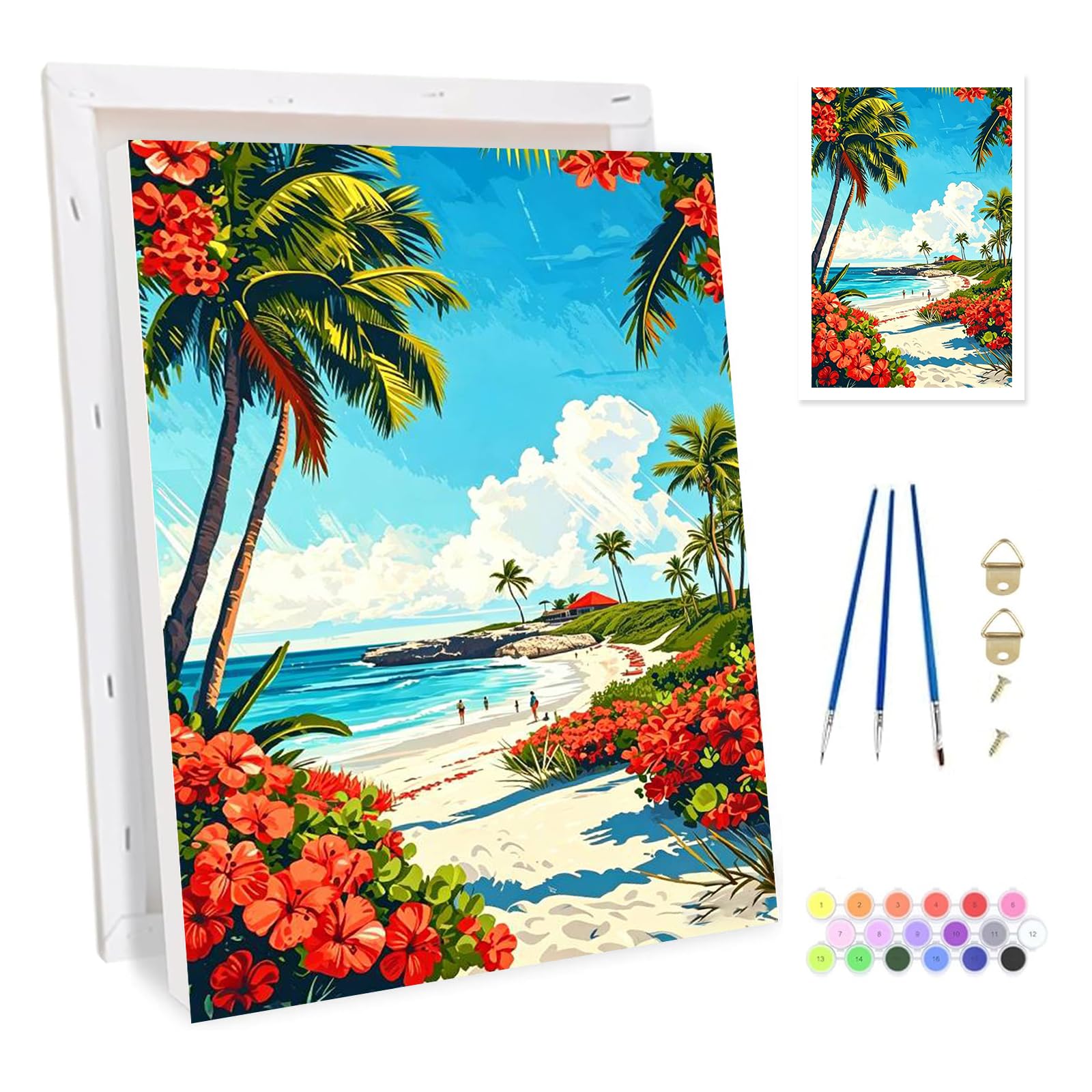 Bowetile Framed Landscape Paint by Numbers for Adults Canvas, Beach Painting by Numbers Kit for Beginners Canvas, DIY Color Oil Painting Acrylic Paints for Home Wall Decor20x30cm