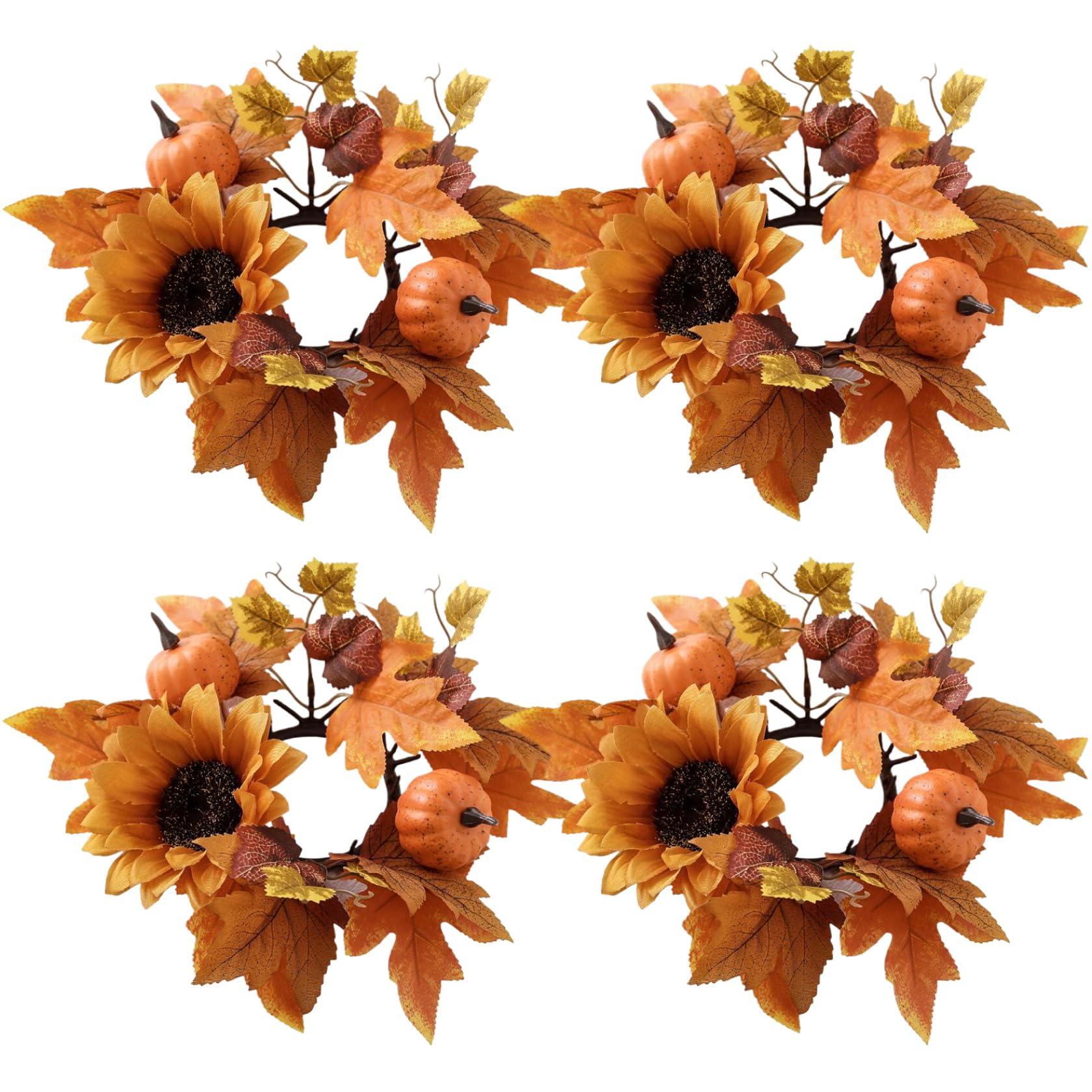 Grsrkep Fall Candle Rings 4Pcs 10in Artificial Candle Wreath with Maple Leaf, Pumpkin & Sunflower Silk Decorative Rings for Centerpieces, Halloween, Harvest, Thanksgiving
