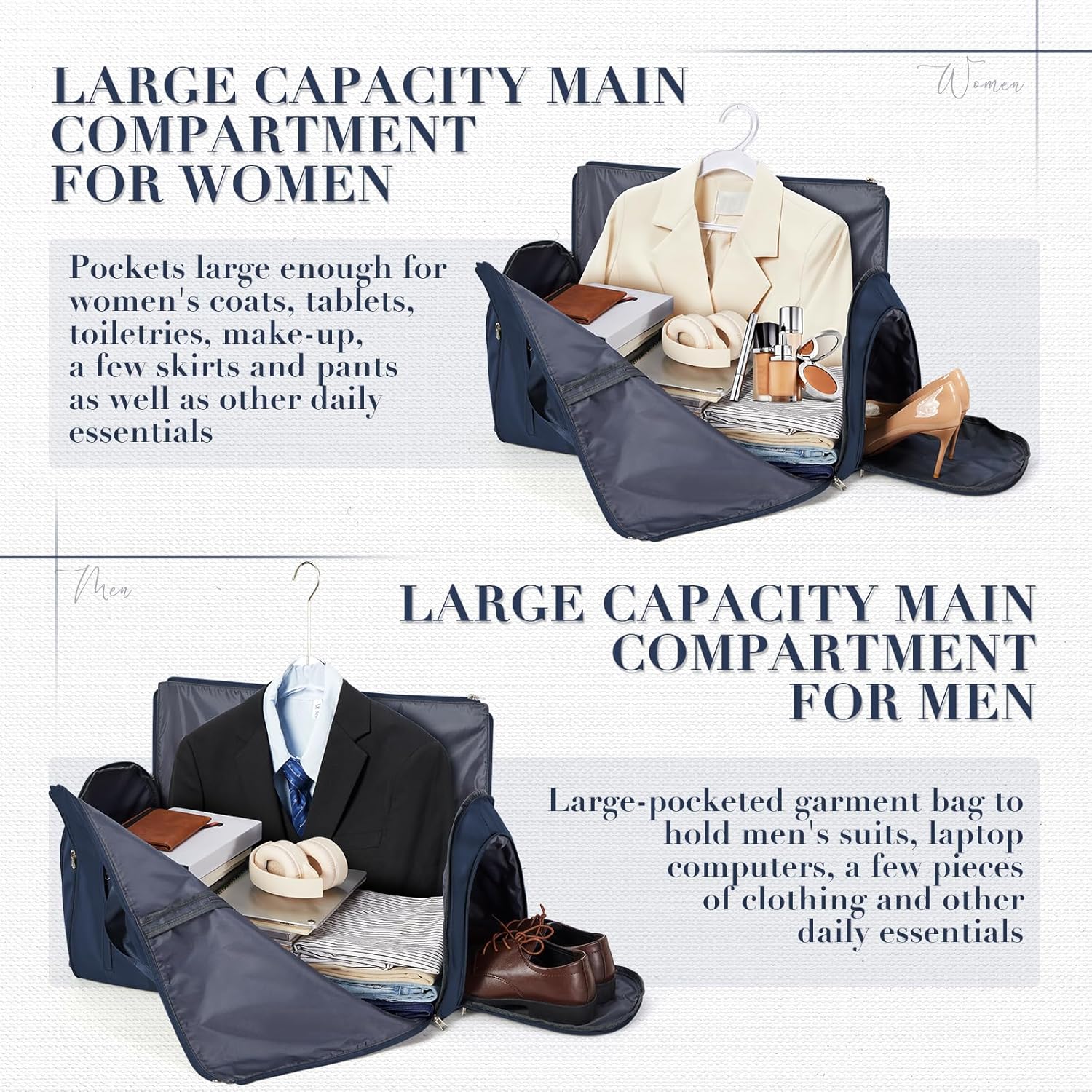 Convertible Garment Bags for Travel Carry On Garment Bag For Men Women Foldable Duffle Bag For Travel,2 in 1 Hanging Suitcase Suit Travel Bags （Navy Blue）