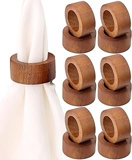 ALPHA Living HOME Handmade Wood Napkin Rings Set of 12 - Dining Table Napkin Holder, Classic Everyday Use Thanksgiving, Christmas Napkin Rings Buckles, Festive Party Gift (Brown)