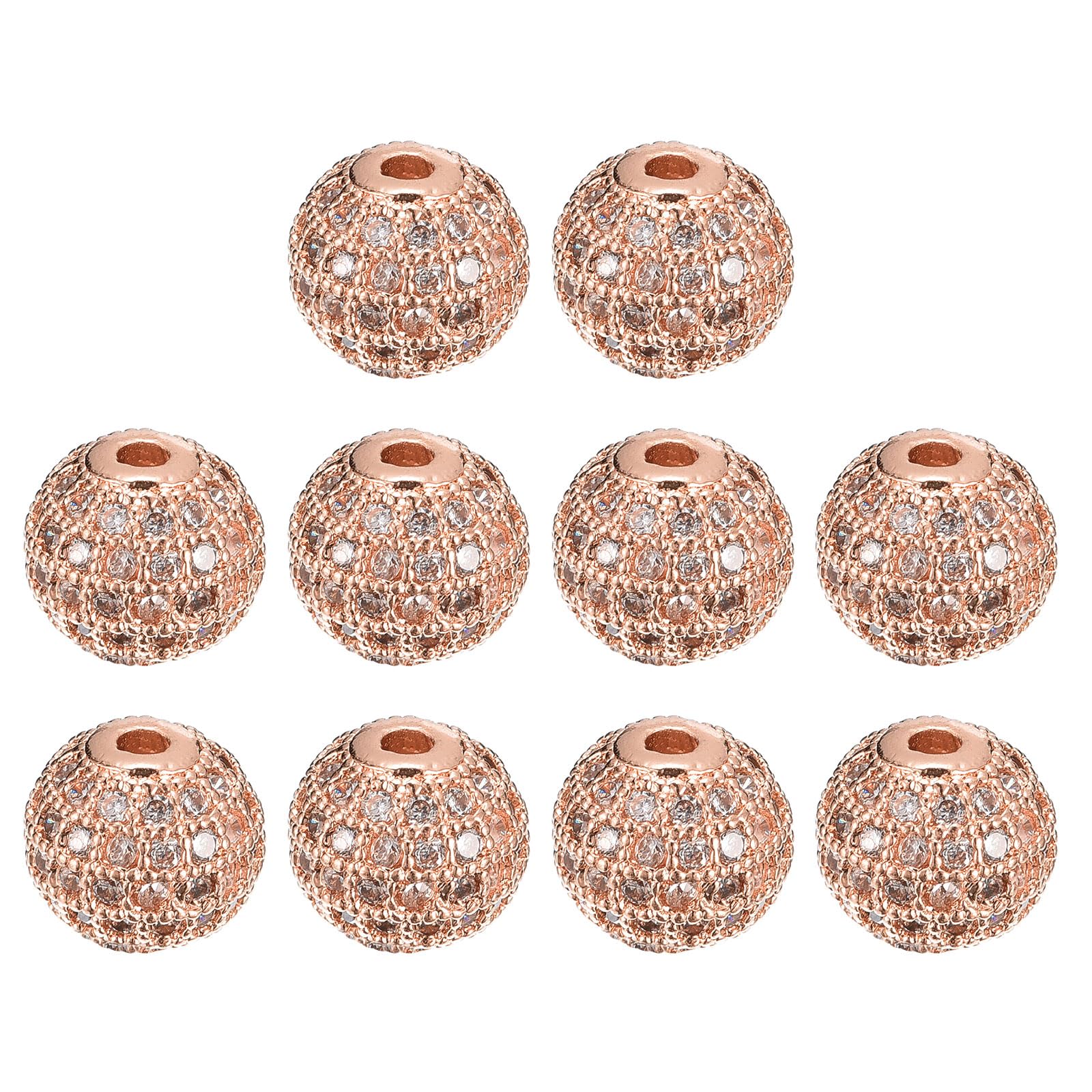 sourcing map Charm Rhinestone Beads, 10Pcs - 10mm Zircon Pave Spherical Spacer Beads for DIY Making (Rose Gold+White)