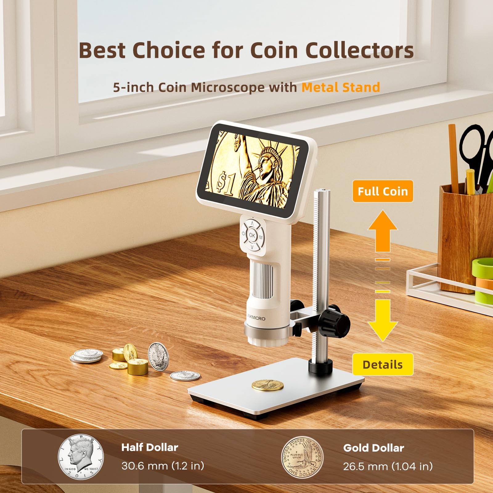 LM115 - Microscopio digital LCD de monedas para adultos y niños, lupa de monedas USB de mano de 5 pulgadas con pantalla, antivibración, cámara microscopio portátil de 12 MP con 8 luces LED, vista de