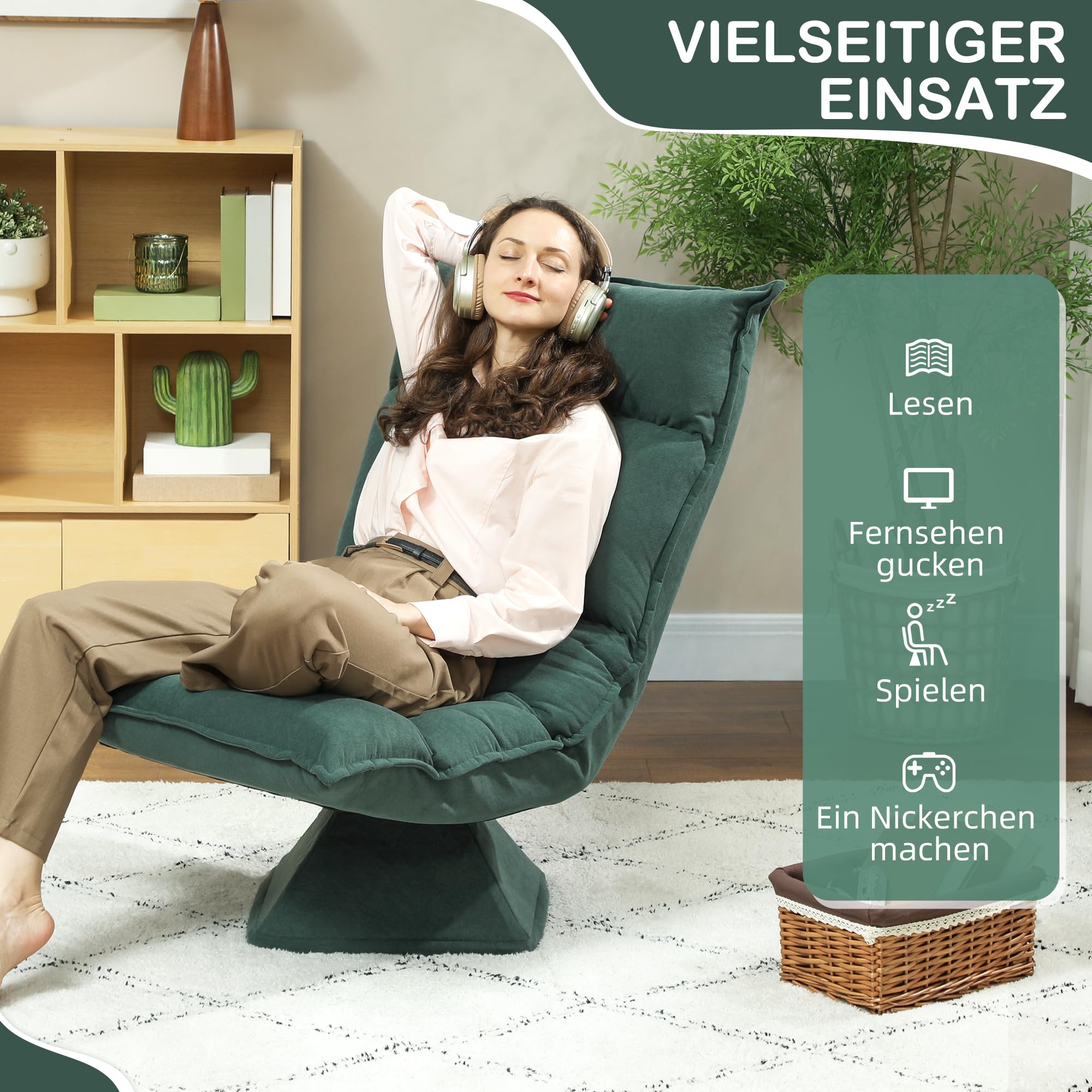 HOMCOM Chaise de sol, pivotante à 360 °, avec dossier réglable en 5 positions, pliable, pour méditation, salon, jeux et lecture, vert