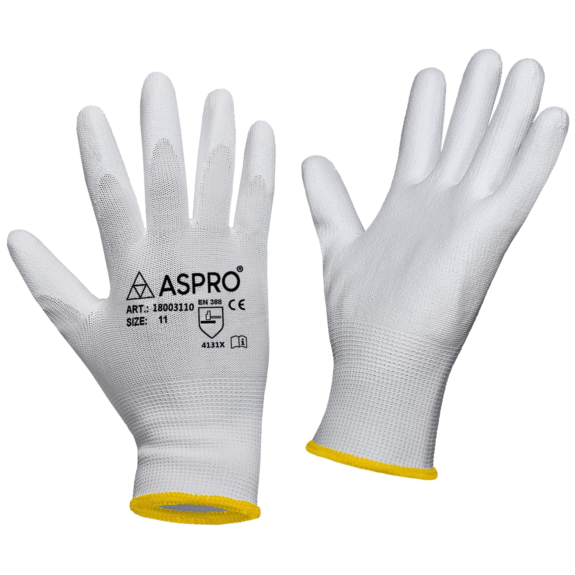 10 works - Size S(7) - White Nylon PU coated work gloves for builders gardeners, etc - By ASPRO (10 works, SMALL (size 7))