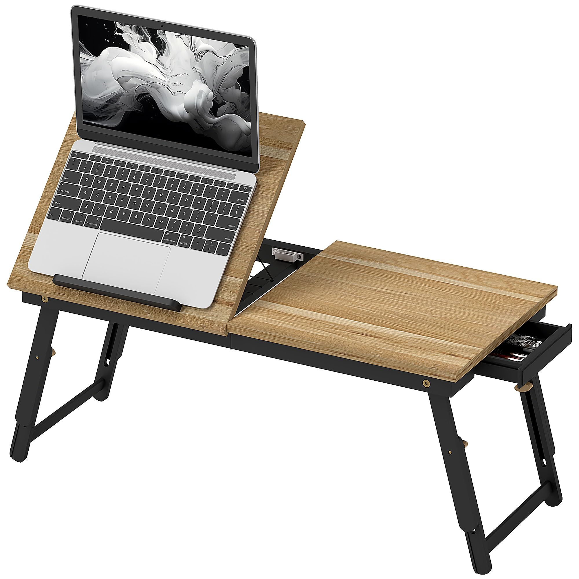 HOMCOM Supporto Monitor Inclinabile e ad Altezza Regolabile con Cassetto Laterale, Porta Monitor PC Pieghevole in Bambù e MDF, 83.5x33x23.5-34 cm, Rovere e Nero