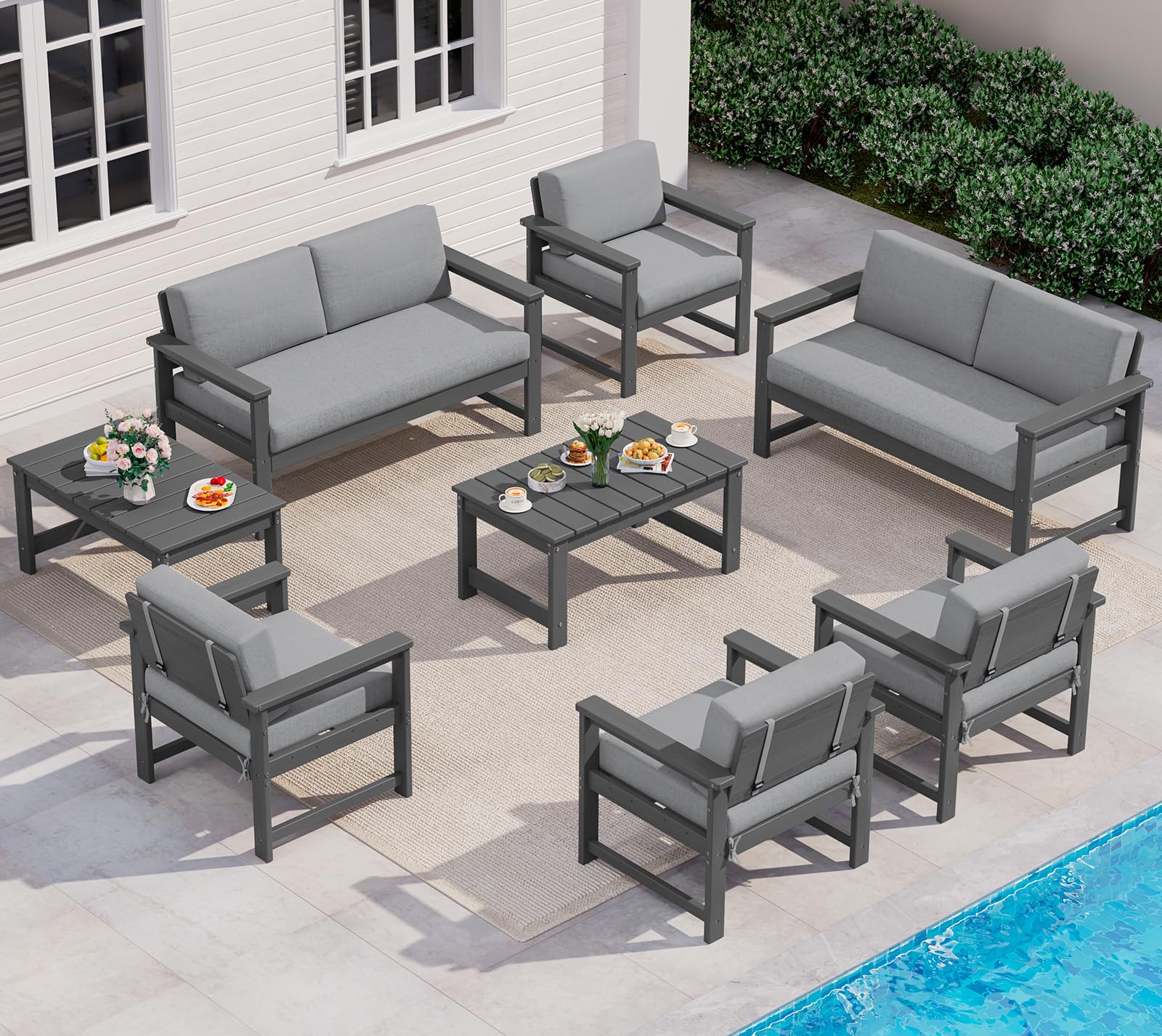 SERWALL 8 Pieces HDPE Outdoor Conversation Sofa Set with Cushion
