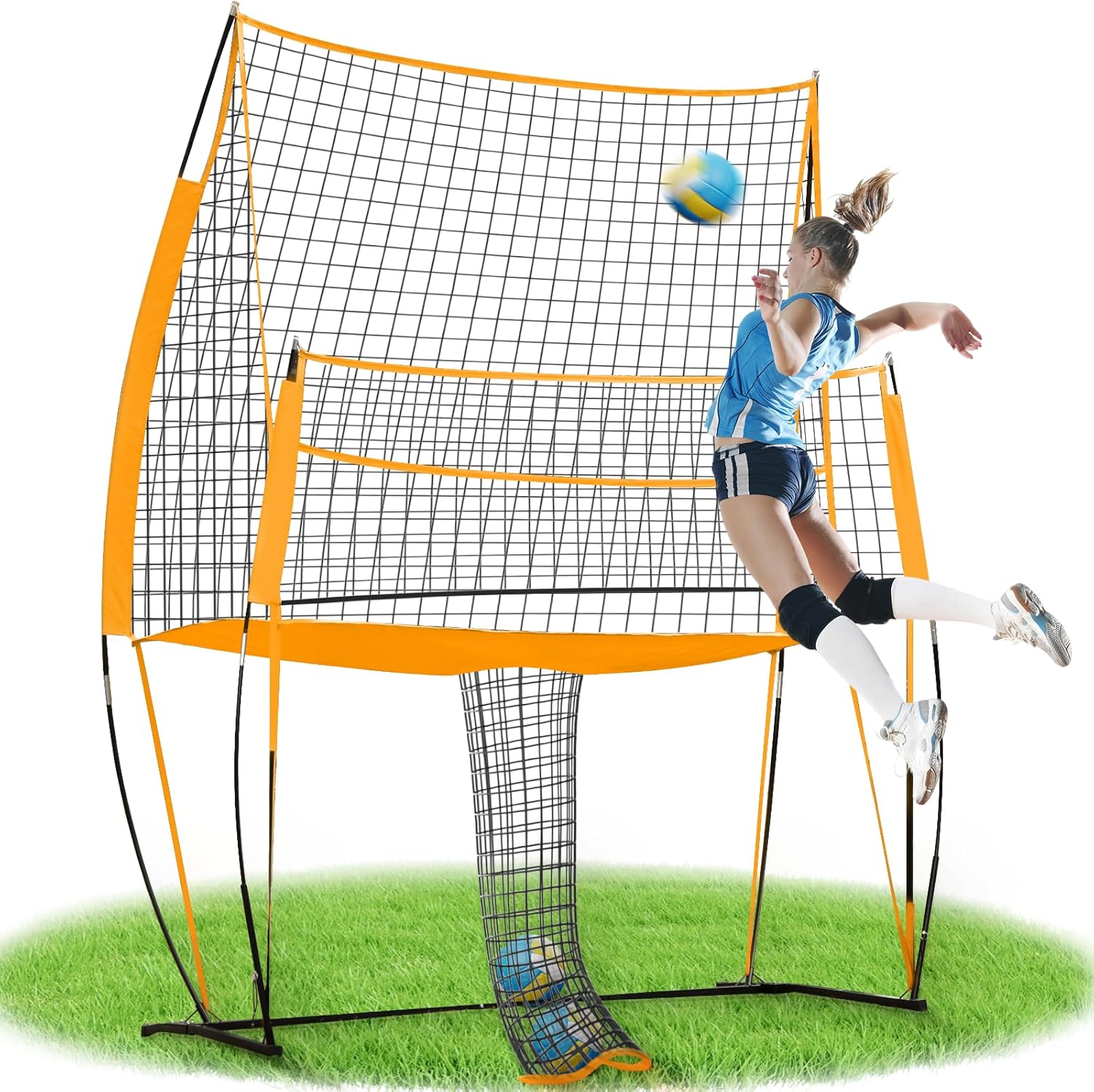 Volleyball Training Net System Adjustable Height & Sturdy Portable Design for Hitting,Passing Drills Indoor Outdoor Backyard Practice Folding One-Piece Base, Wheeled Carry Bag Quick Assembly & Storage