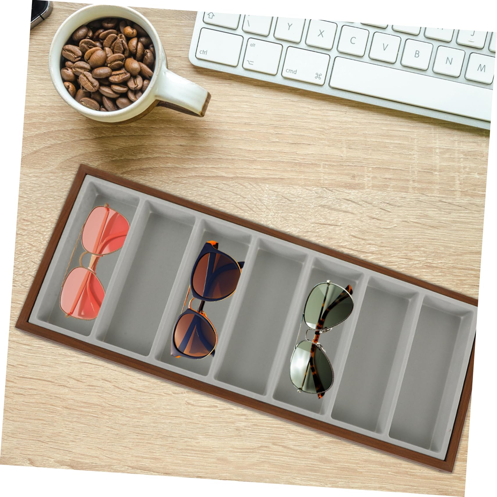 LIFKOME Bandeja De Exhibición De Gafas De Sol para Tienda y Hogar con Compartimentos Bandeja Organizadora De Madera y Gris para Guardar Gafas De Sol
