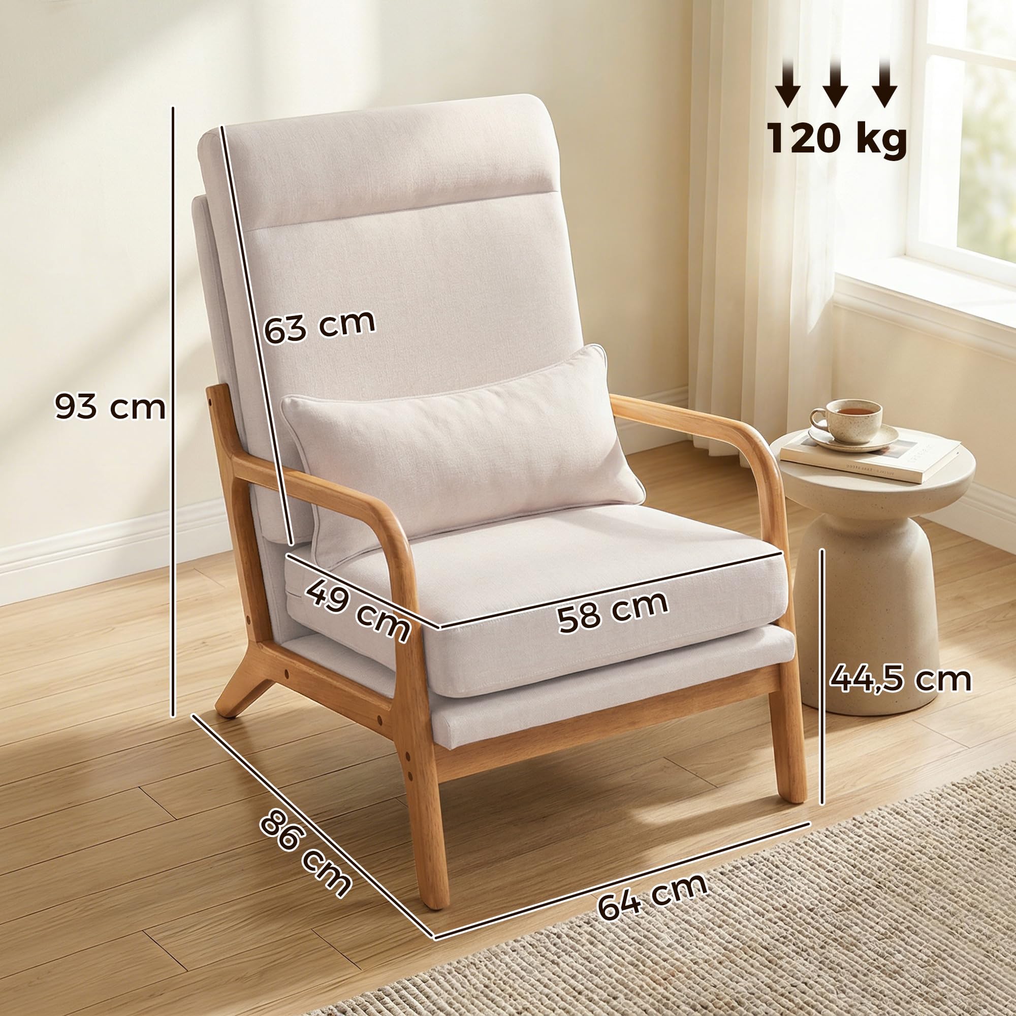 HOMCOM Fauteuil Salon, Fauteuil d'appoint rembourré en Lin avec Large Assise, Soutien Lombaire, Haut Dossier, Coussin épais et Structure en Bois Massif, Chaise de Salon, Chambre, Coins Lecture, crème