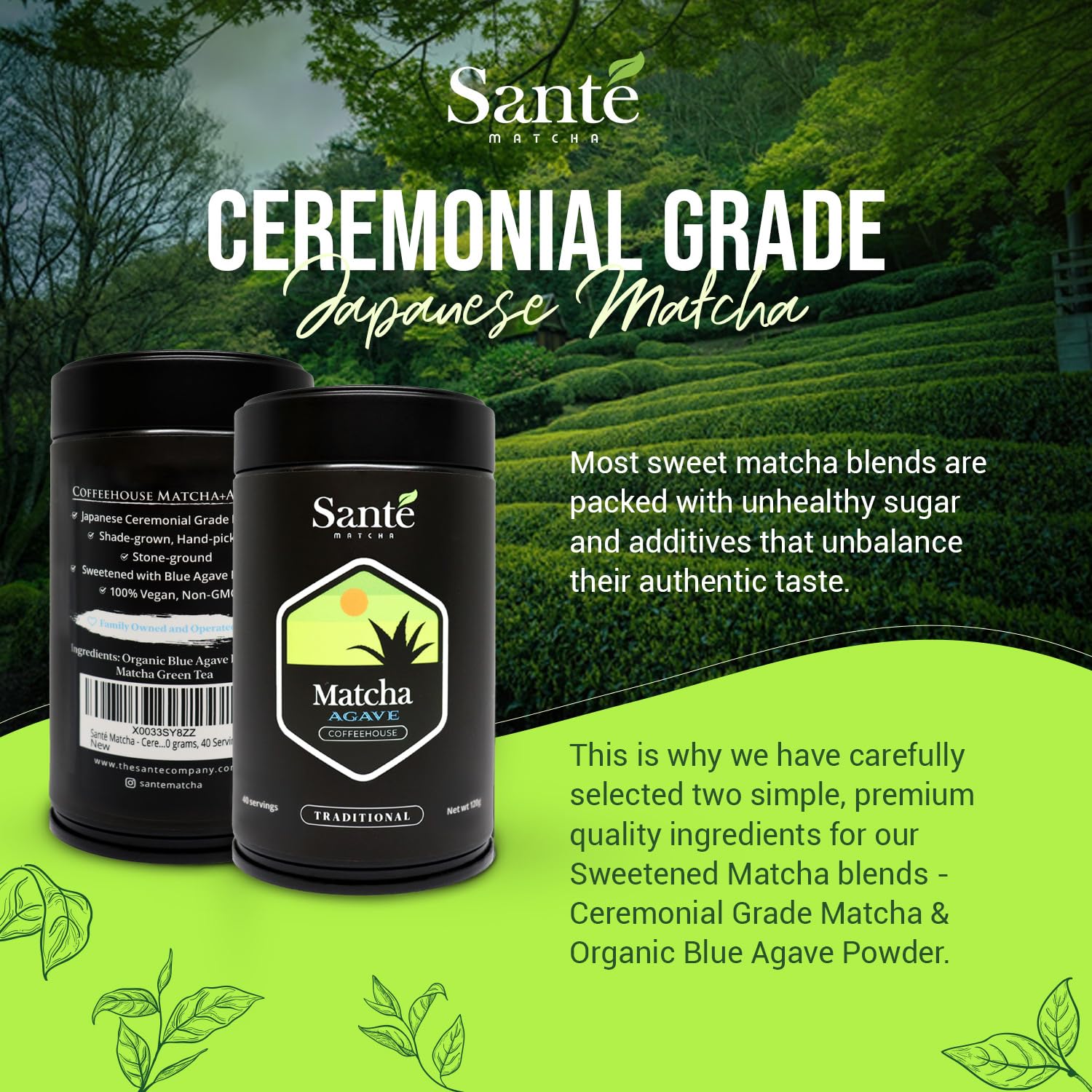 Sant Matcha Agave Ceremonial Grade Japanese Matcha with Organic Agave First Harvest from Aichi Prefecture 1LB for Lattes — view 2