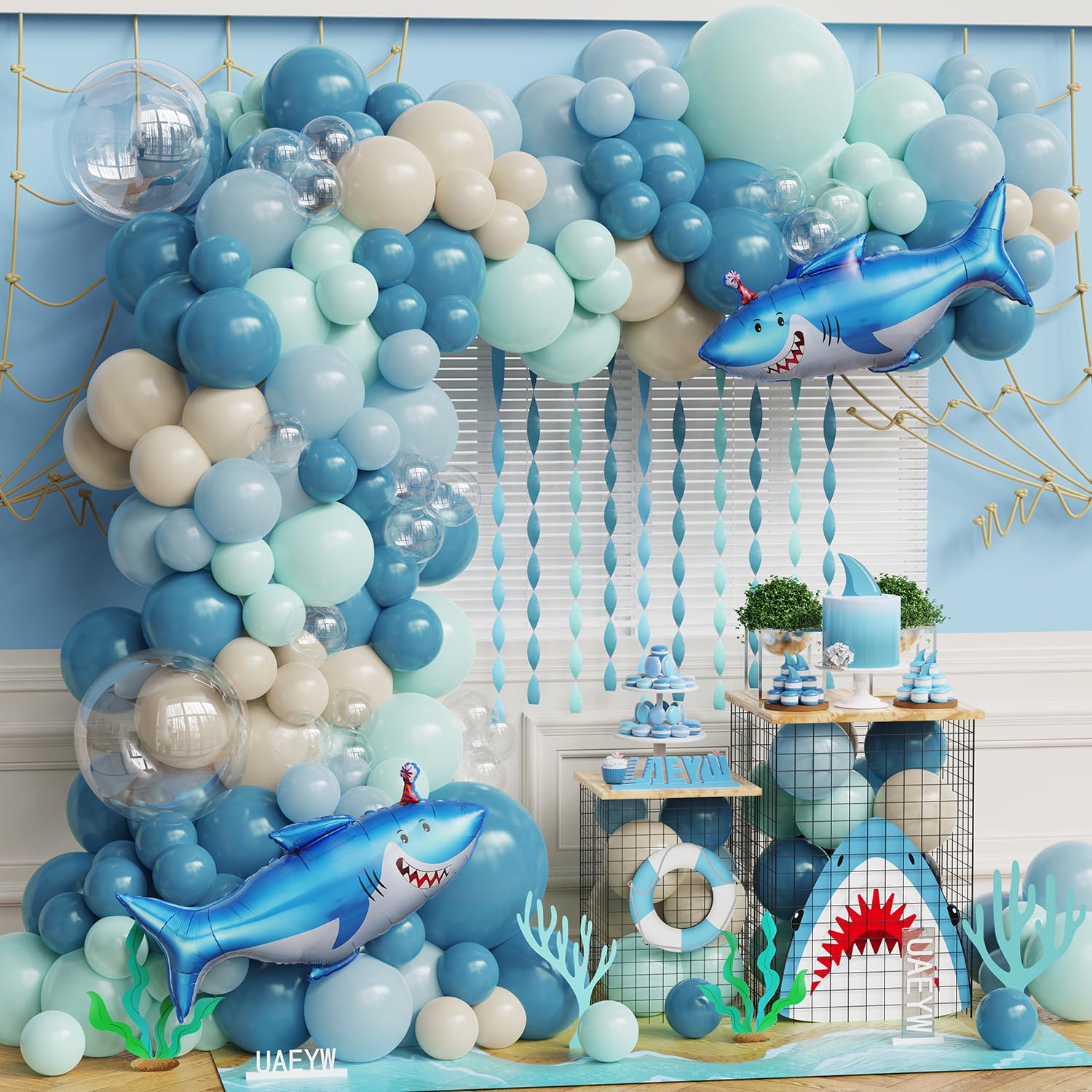 Ocean Under the Sea Birthday Party Decorations 153Pcs Shark Balloon Garland Arch Kit Dusty Blue Green White Sand Balloon with Shark Foil Balloons for