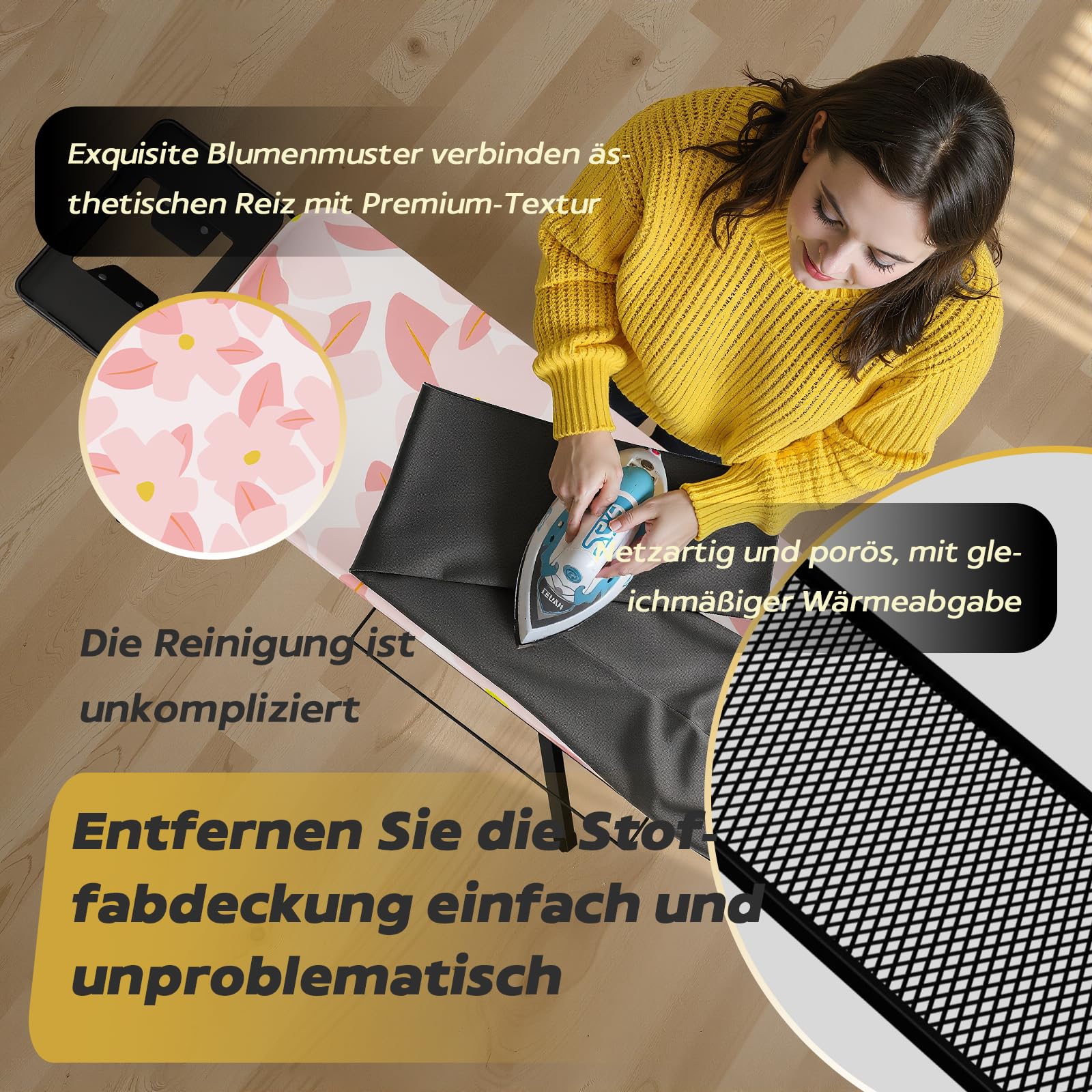 TEENO Klappbares Bügelbrett 122 x 38 cm,Kompatibel Mit Dampfbügeleisen,Sicherheitsschließsystem,7-Stufige Höhenverstellung,100% Baumwoll-Bügelauflage,Geeignet Für Zu Hause/Waschküche(Rosa)