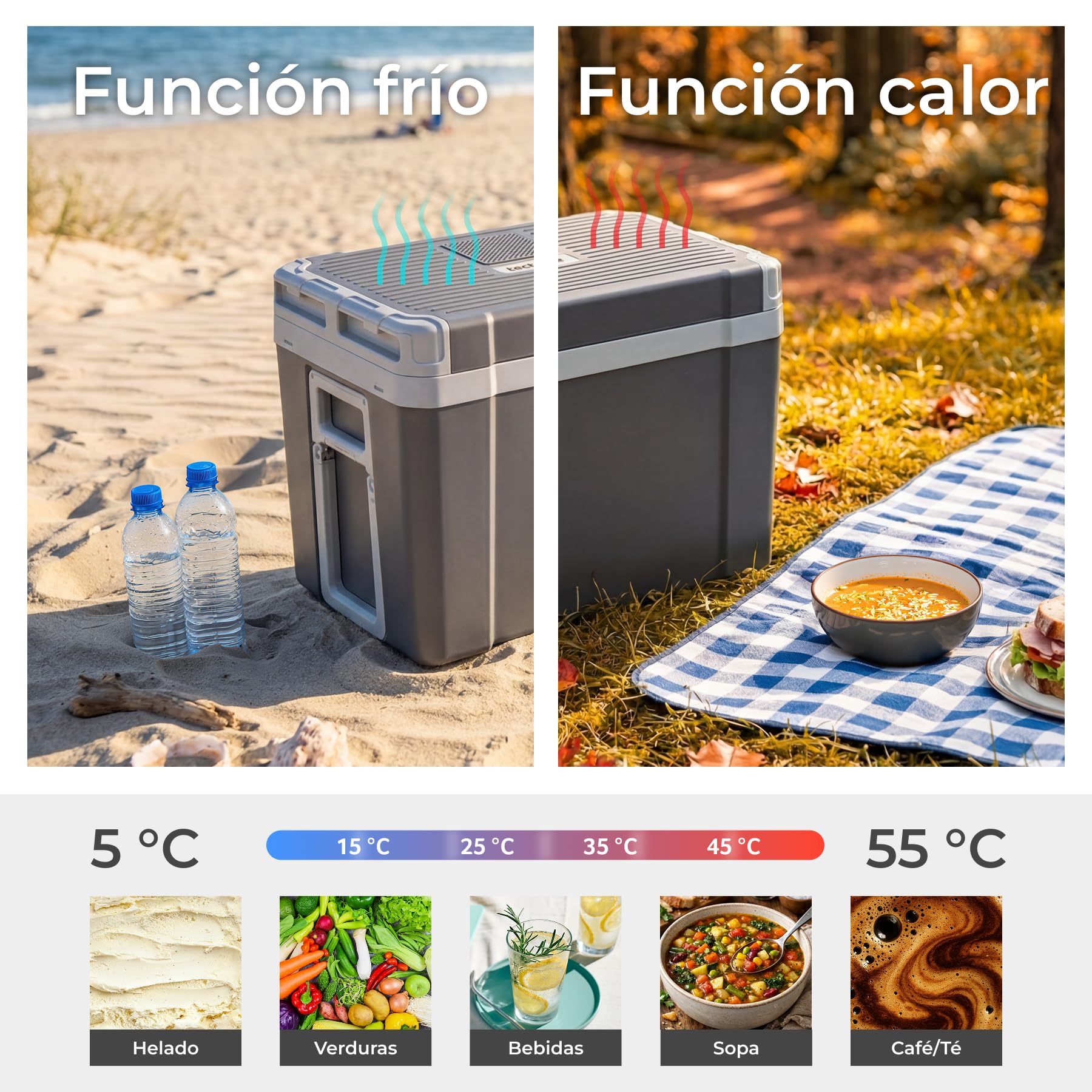 tectake® Nevera Portatil Electrica de 35L con Función de Calentamiento y Refrigeración, Modo ECO, Nevera Pequeña, 230 V y 12 V para Accesorios Coche, Camping, Accesorios Camper - 35 x 52,5 x 40 cm