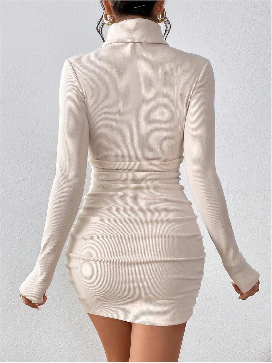 OYOANGLE Women's High Neck Long Sleeve Ribbed Knit Bodycon Dress Ruched Plain Short Dresses - Image 3
