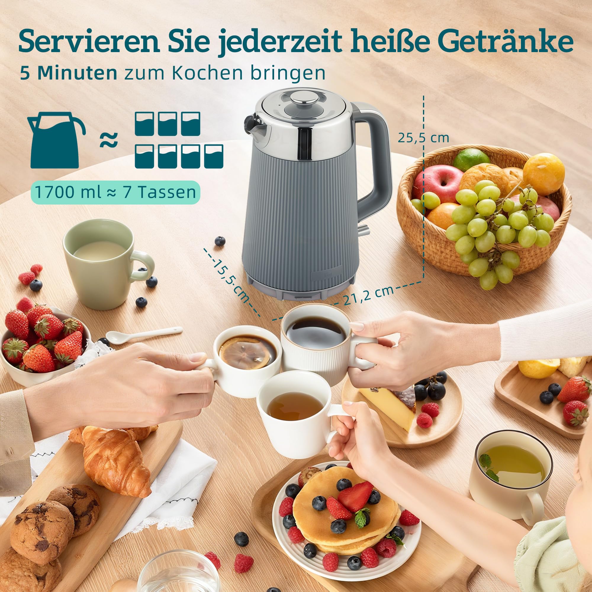 HOMCOM Juego de tostadora para hervidor de agua, 1,7 L, 2200 W, hervidor de agua rápido con interior de acero inoxidable, filtro de descalcificación, carcasa de sensación de refrigeración, termostato