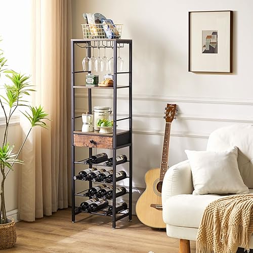 Miniatura 3 de IBUYKE Estante de vino independiente para piso, armario de bar para licor y vasos, gabinete de barra de café de 4 niveles, soporte de vidrio y cajón