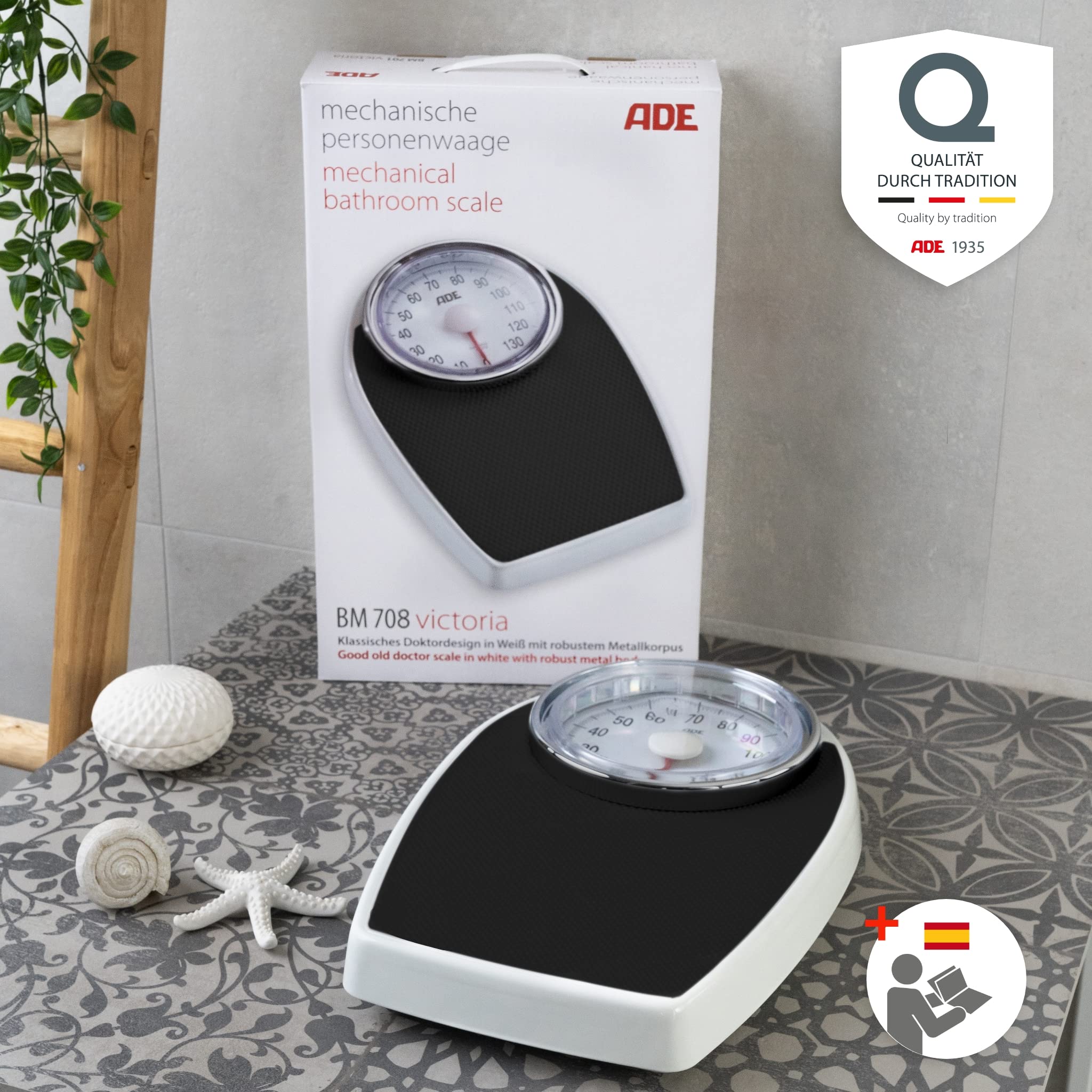 ADE Báscula mecánica de baño | aspecto retro | superficie de pesaje antideslizante | báscula personal analógica | dial grande y fácil de leer | sin pilas | hasta 136 kg | negra