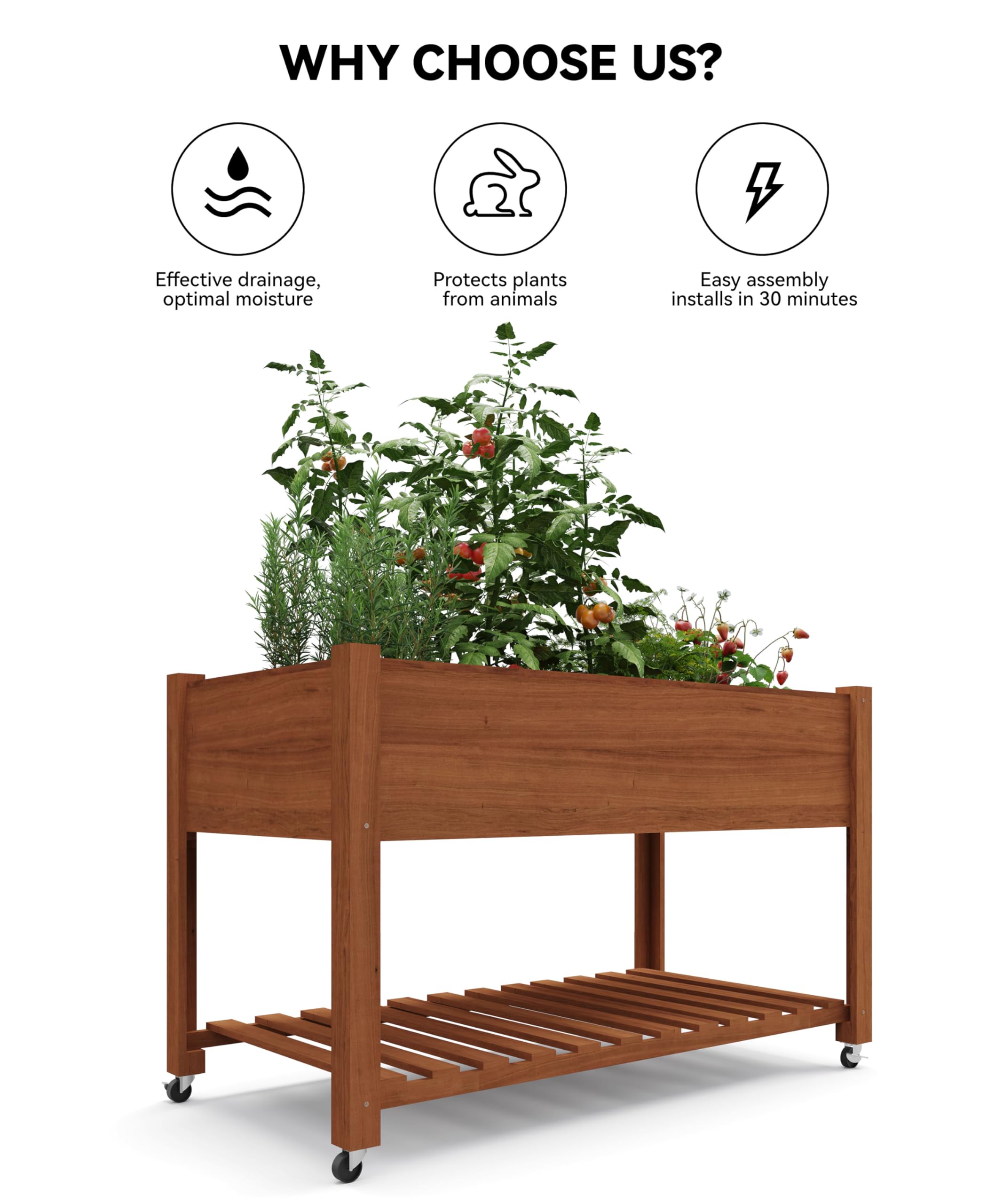 GarveeHome Cama elevada de Madera para jardín con Ruedas y Estante Inferior – Caja Jardinera Resistente con Forro Protector – Ideal para Cultivar Verduras, Hierbas y Flores en Patio, terraza o jardín