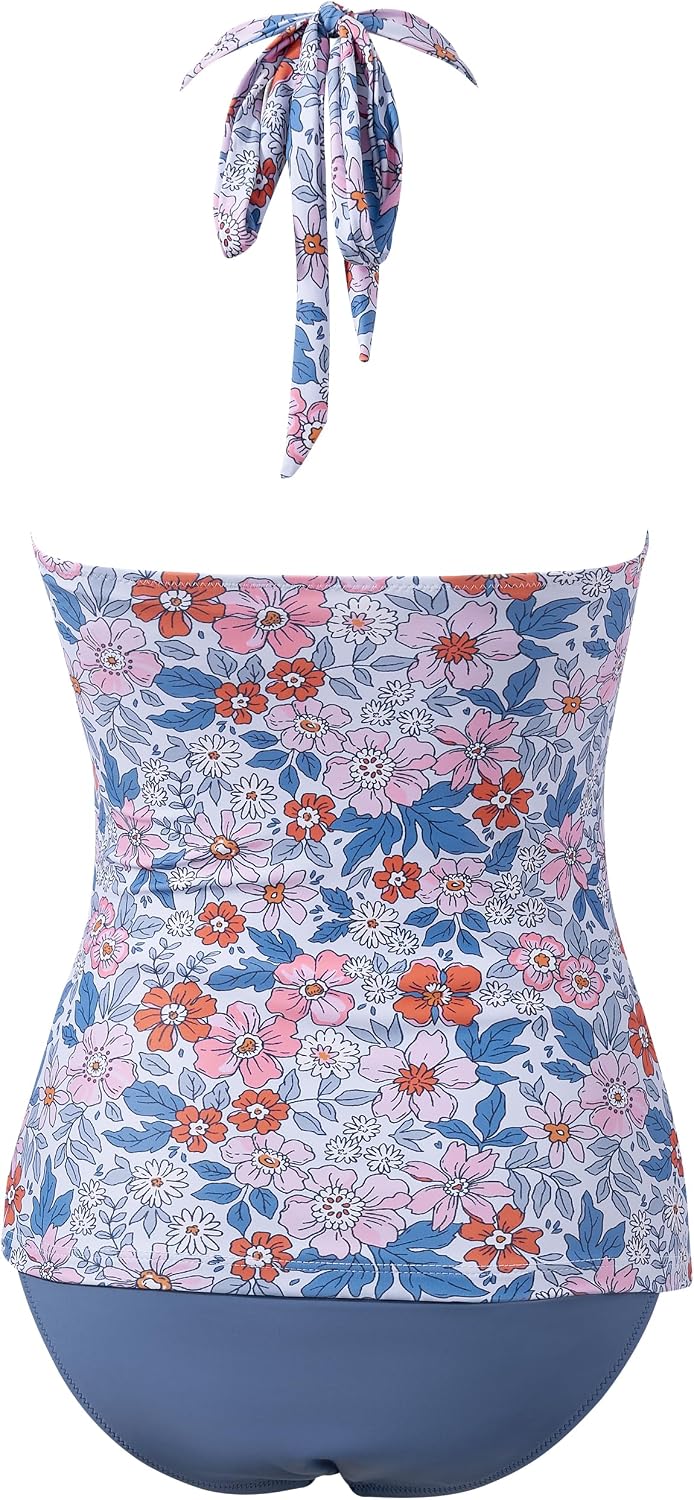 suuksess women sexy halter tankini bathing suits slimming tummy control high waisted swimsuits 2 piece medium 06 floral printed blue