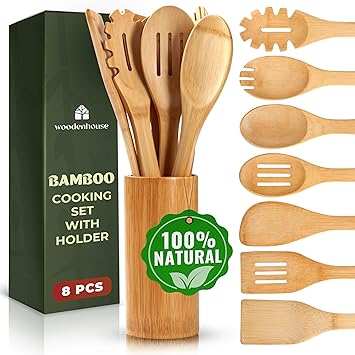 Bamboo Utensils 7 PCs with Holder Bamboo Cooking Utensils Set + Holder for Nonstick Wooden Spoon Sets for Cooking Easy to Clean, Sturdy, Lightweight & Heat Resistant