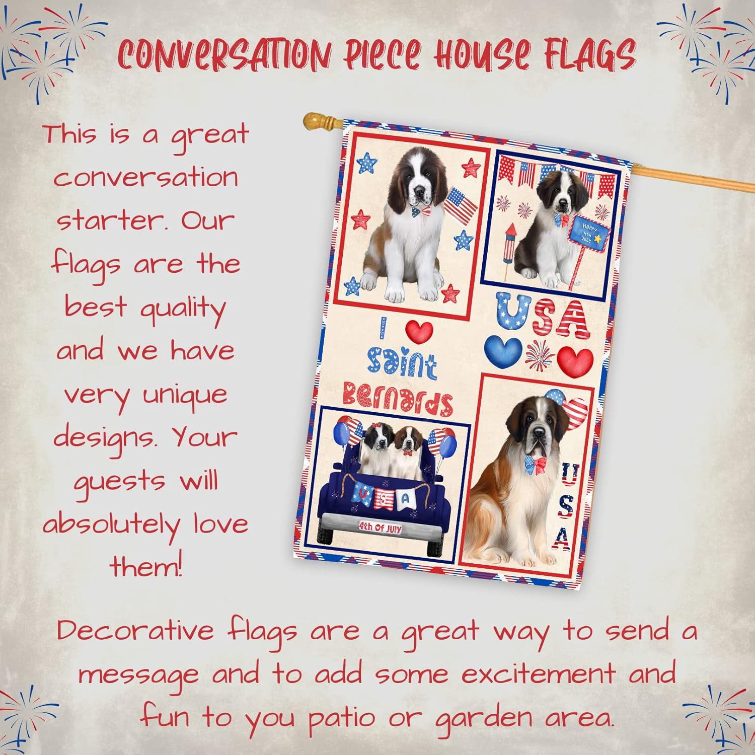 4th of July Independence Day I Love USA Saint Bernard Dogs House Flag - Outdoor Double Sided Pet Portrait Weather Resistant Premium Quality Home Decorative Flags - 100% Polyester 29"w x 43"h