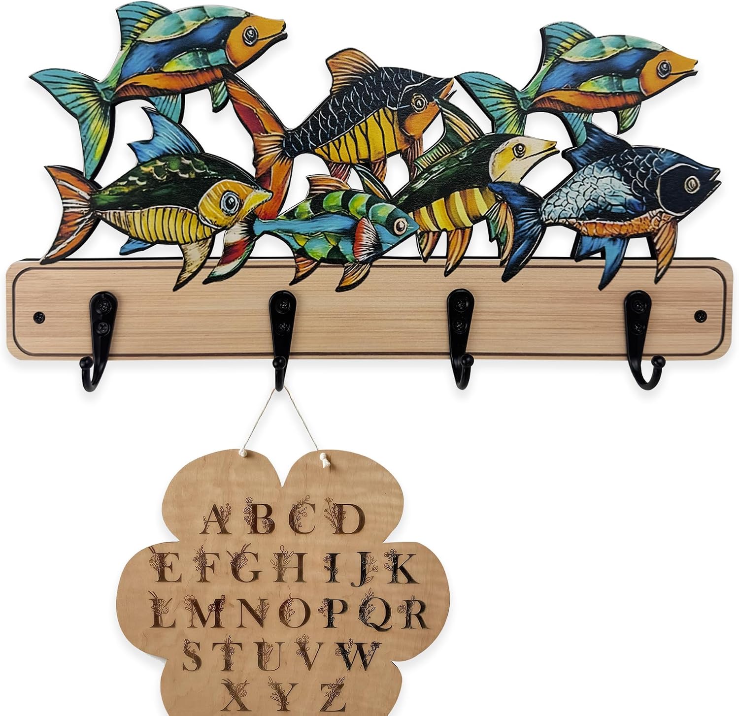 13.8”Long Kids Towel Coat Rack Key Holder Wall Mount with 4 Metal Black Hooks Cute Wooden Fish Hooks for Kids Room for Hanging Hat Jacket