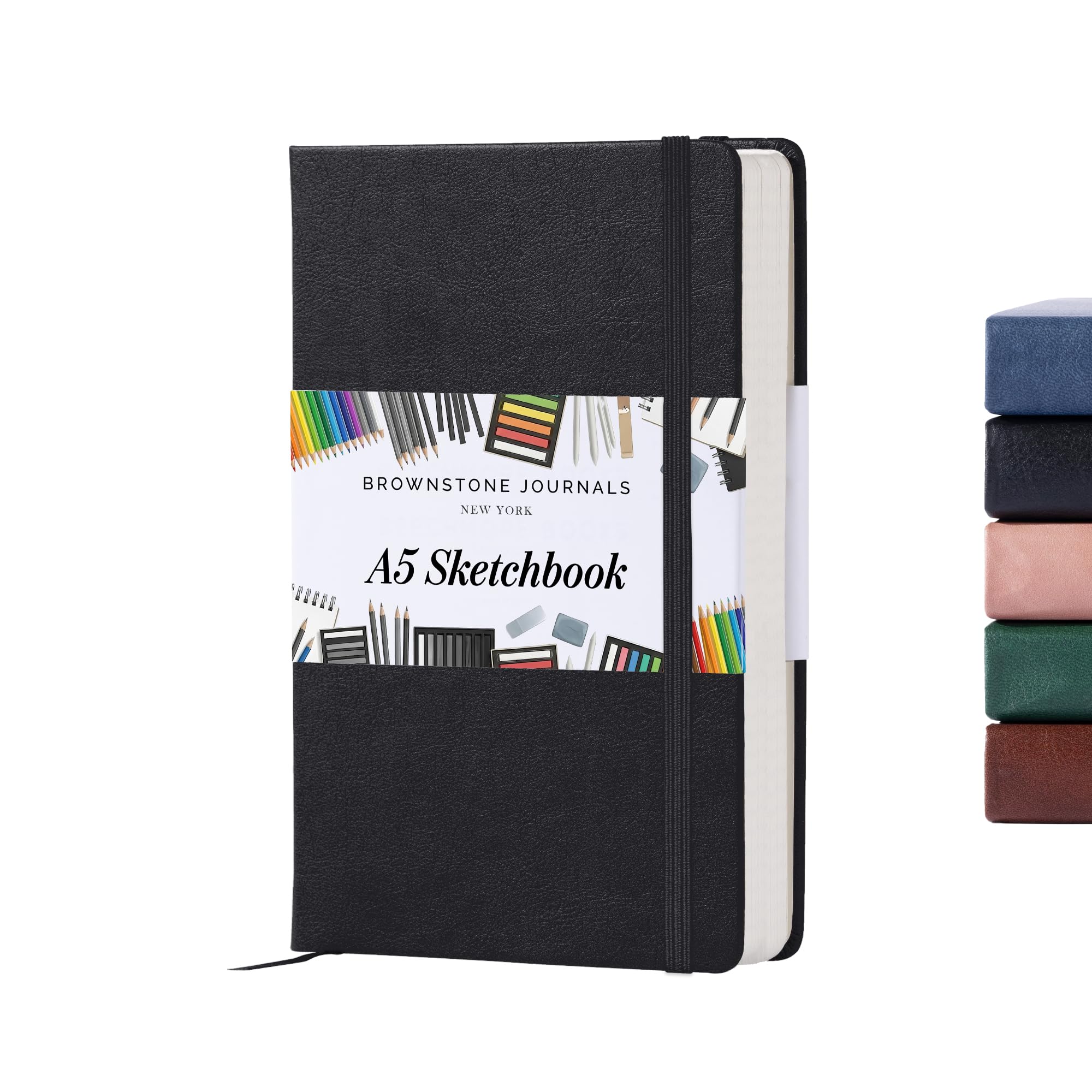 Brownstone Journals Charcoal Black A5 Sketch Book Hardcover - 80 Sheets 100 Gsm Paper 5"X8", Lay Flat, Vegan Leather Cover, Elastic Band, Back Pocket, Art Drawing Book (Charcoal Black)