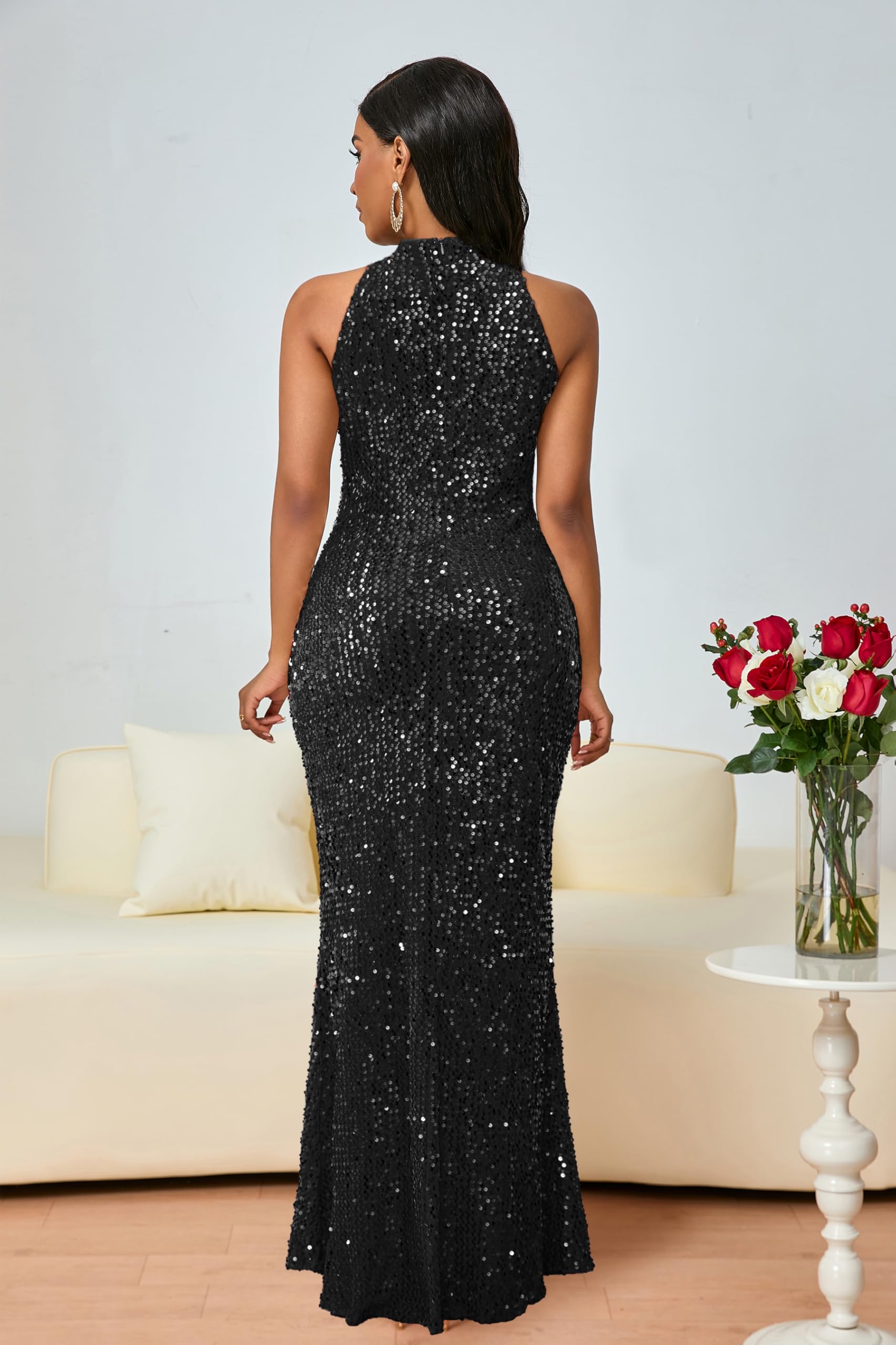 VERWIN Vestido largo sin mangas con cuello halter, brillante, casual, para fiesta, cóctel, noche, vestido largo con lentejuelas