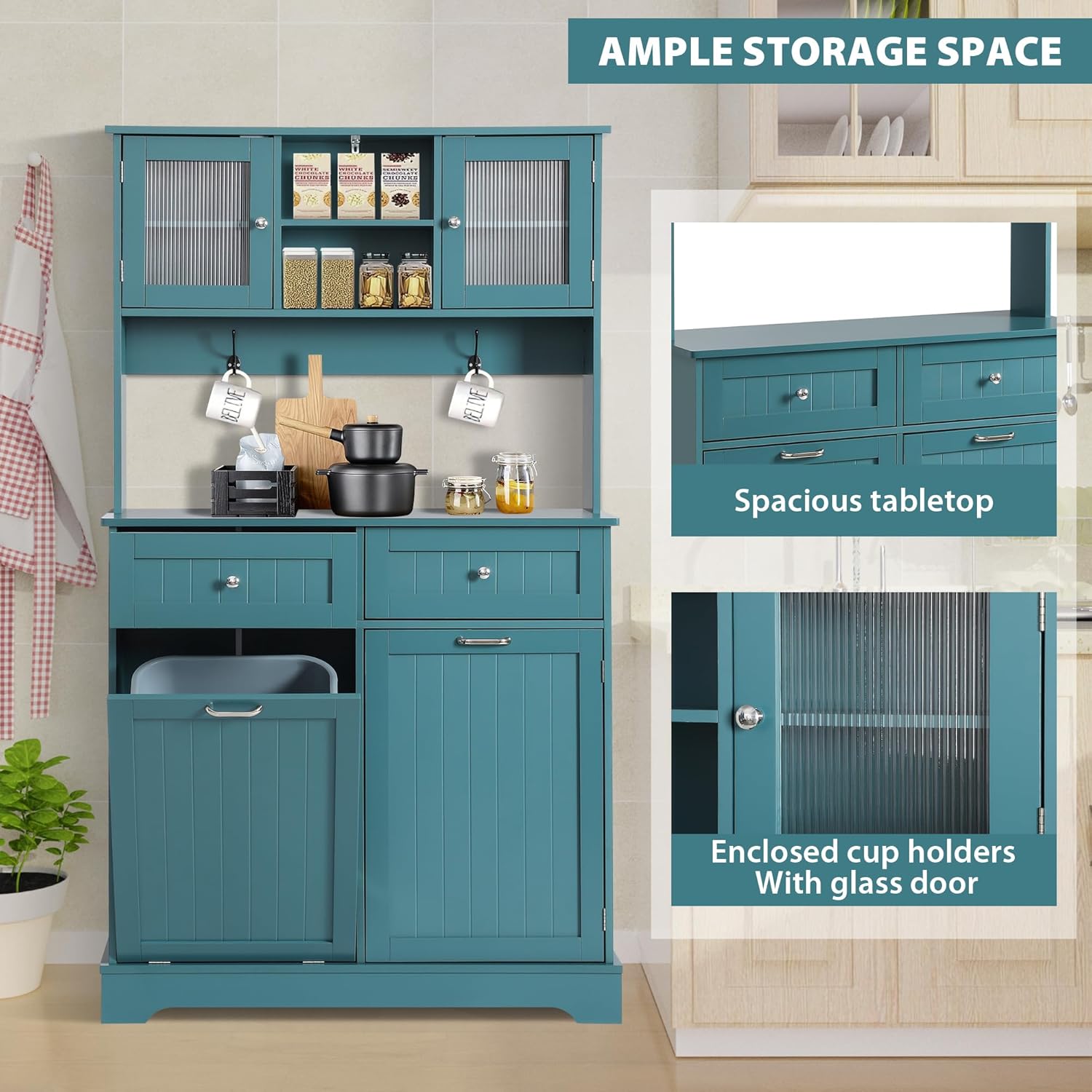 Tilt Out Trash Cabinet,Storage Cabinet,Two Solid Wood Hideaway Trash Holder Drawers,Wooden Freestanding Recycling Cabinets,Trash Can for Kitchen,Blue
