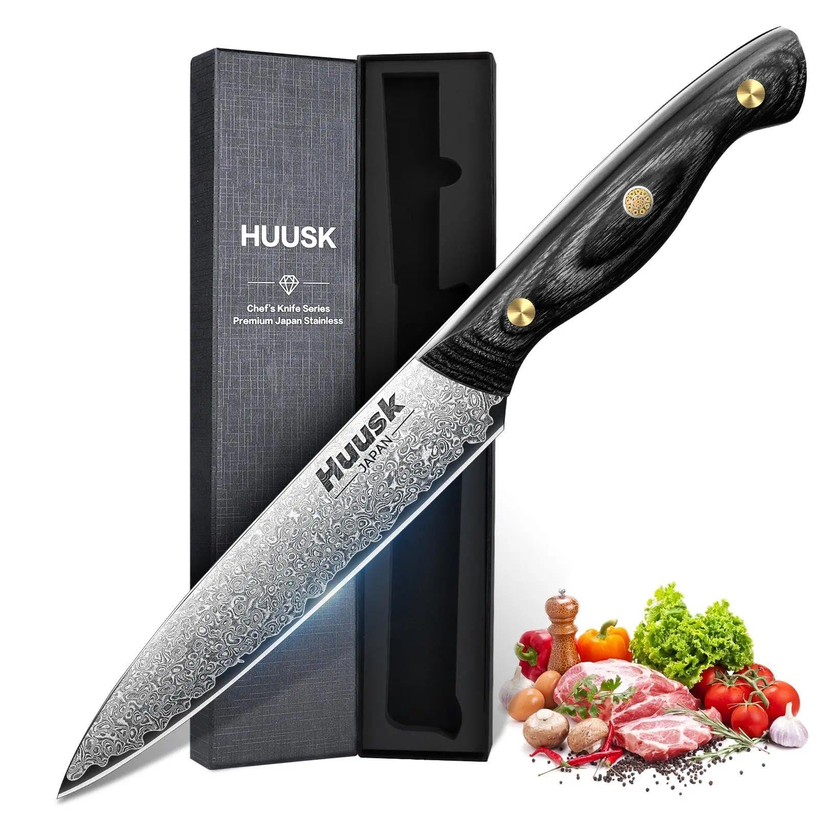 Huusk Damascus Kitchen Utility Knife, Japanes VG10 Small Chef Knives 5 inch with Ergonomic Wooden Handle, Versatile Knife for Vegetable Fruit Meat, Christmas Gift for Men and Women