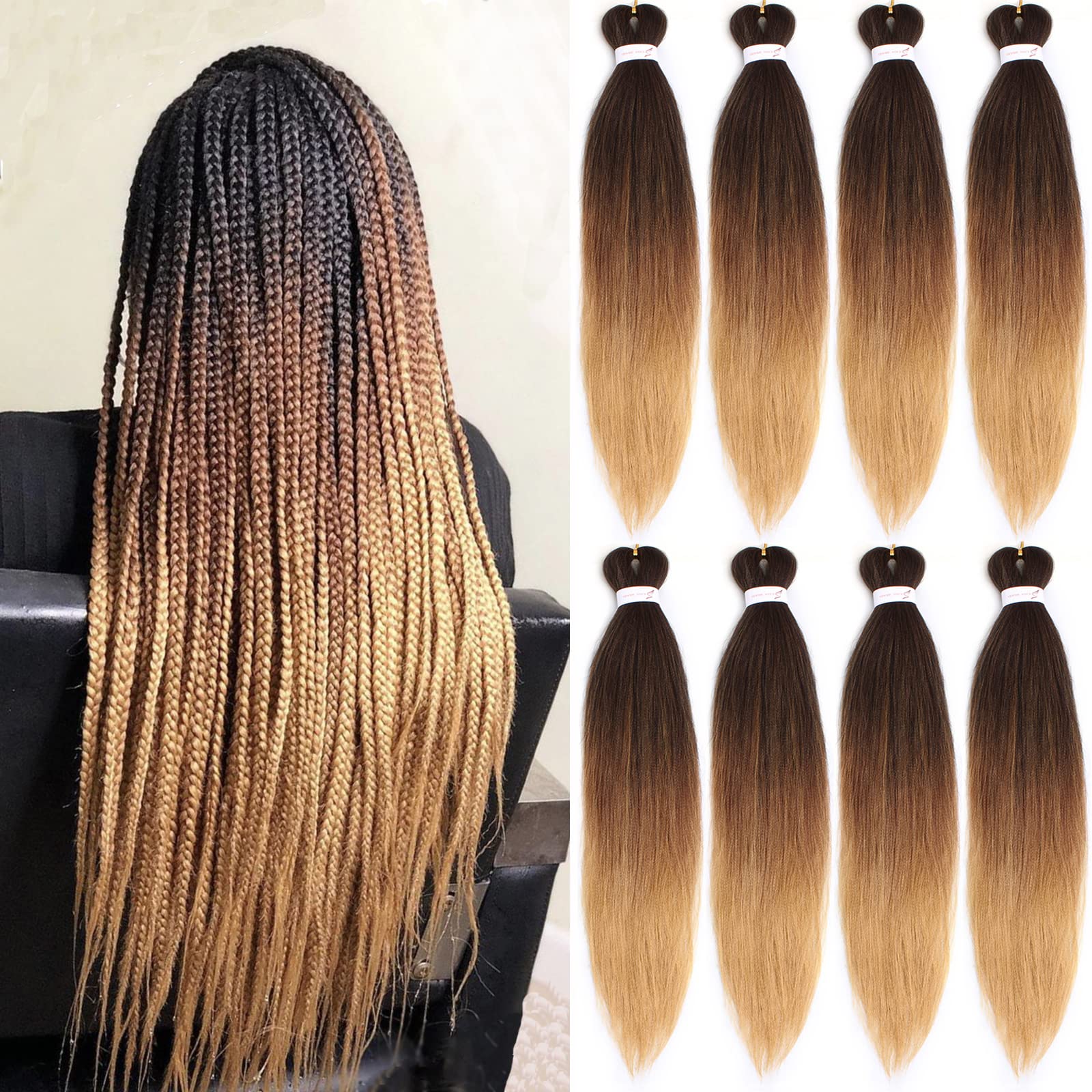 Unionbeauty 30 Inch 8 Packs Pre Streched Braiding Hair Ombre Brown Braiding Hair Long Crochet Braids Hair for Twist Senegalese Crochet Hair Synthetic